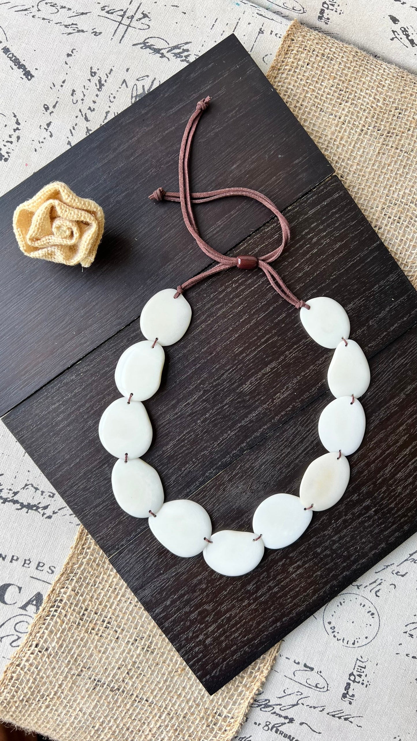 White single strand statement necklace Tagua necklace 14 year Anniversary gift for wife Handmade Adjustable leather strap Simple unusual