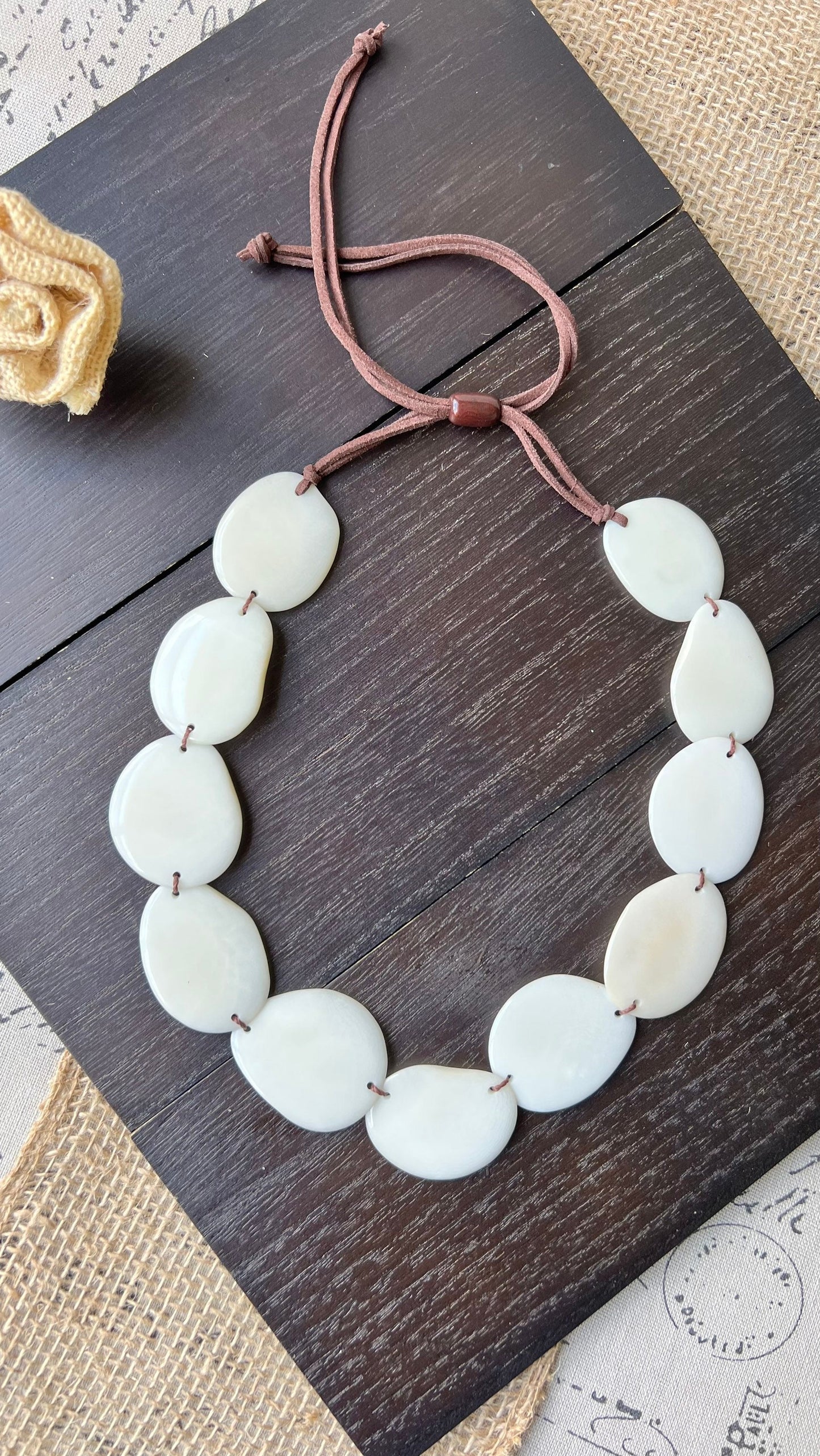 White single strand statement necklace Tagua necklace 14 year Anniversary gift for wife Handmade Adjustable leather strap Simple unusual