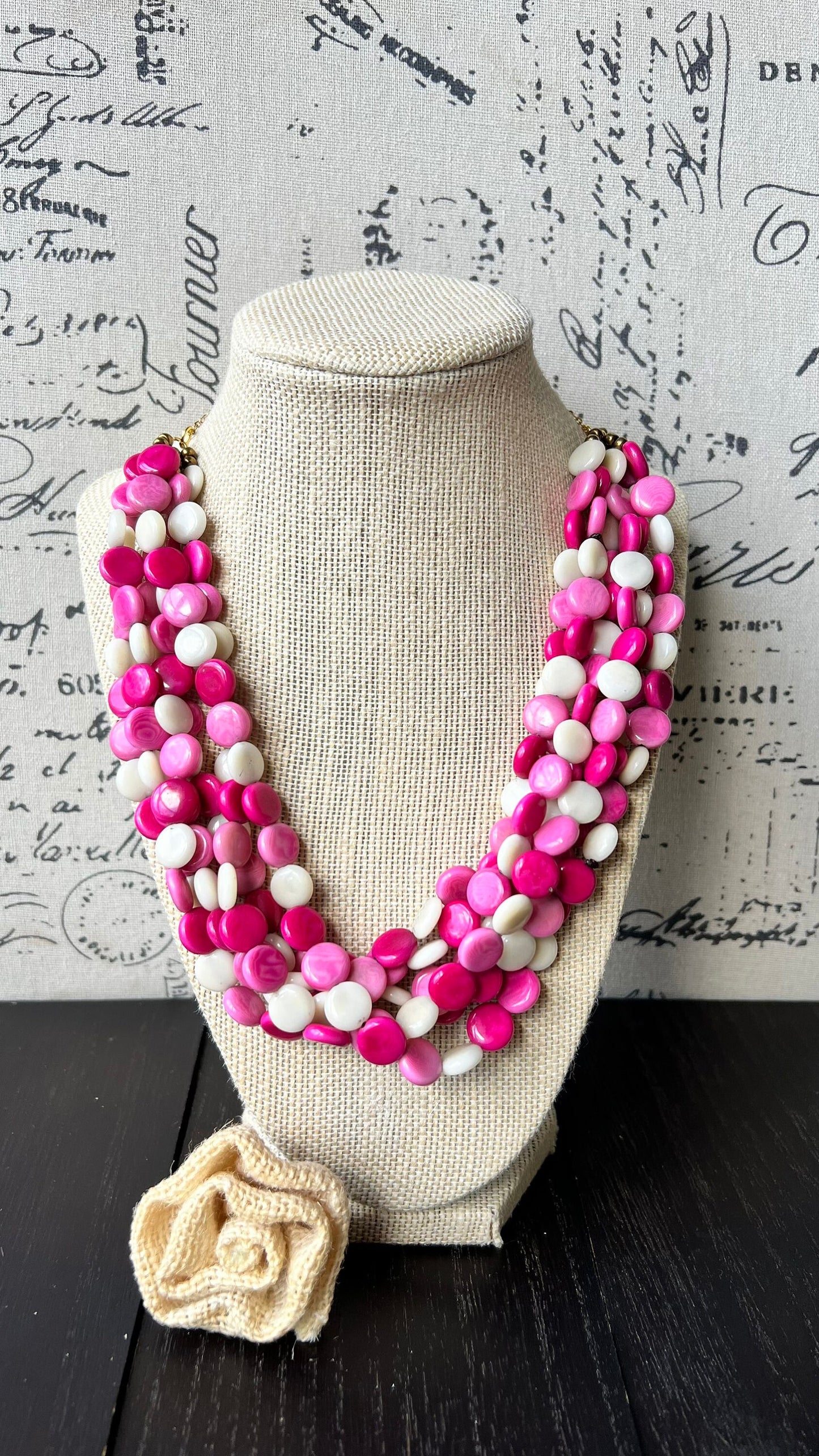 Pink and white big bold chunky necklace Tagua jewelry Fall fashion trends Lightweight adjustable beaded bib Christmas gifts Holidays outfit