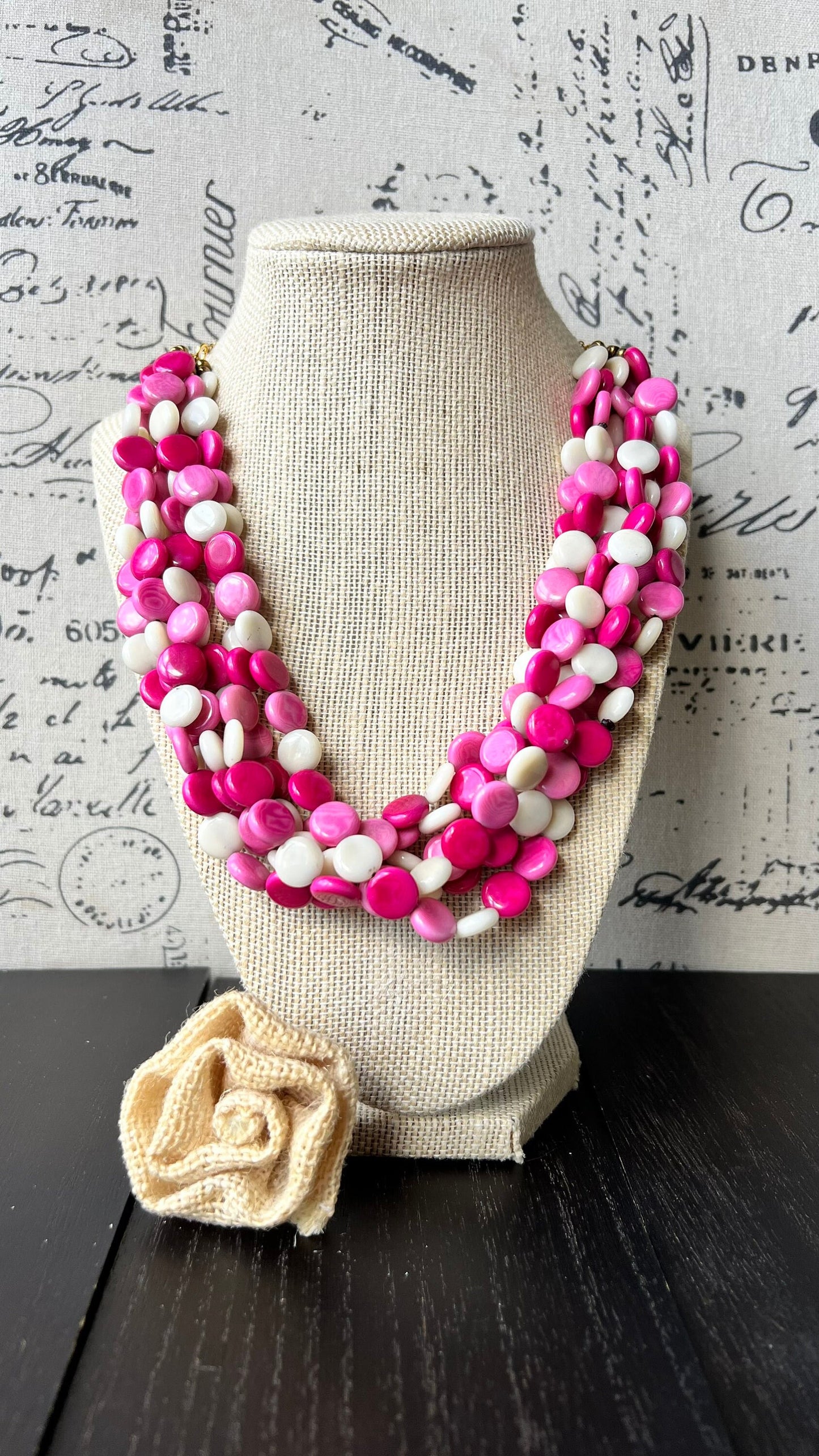 Pink and white big bold chunky necklace Tagua jewelry Fall fashion trends Lightweight adjustable beaded bib Christmas gifts Holidays outfit