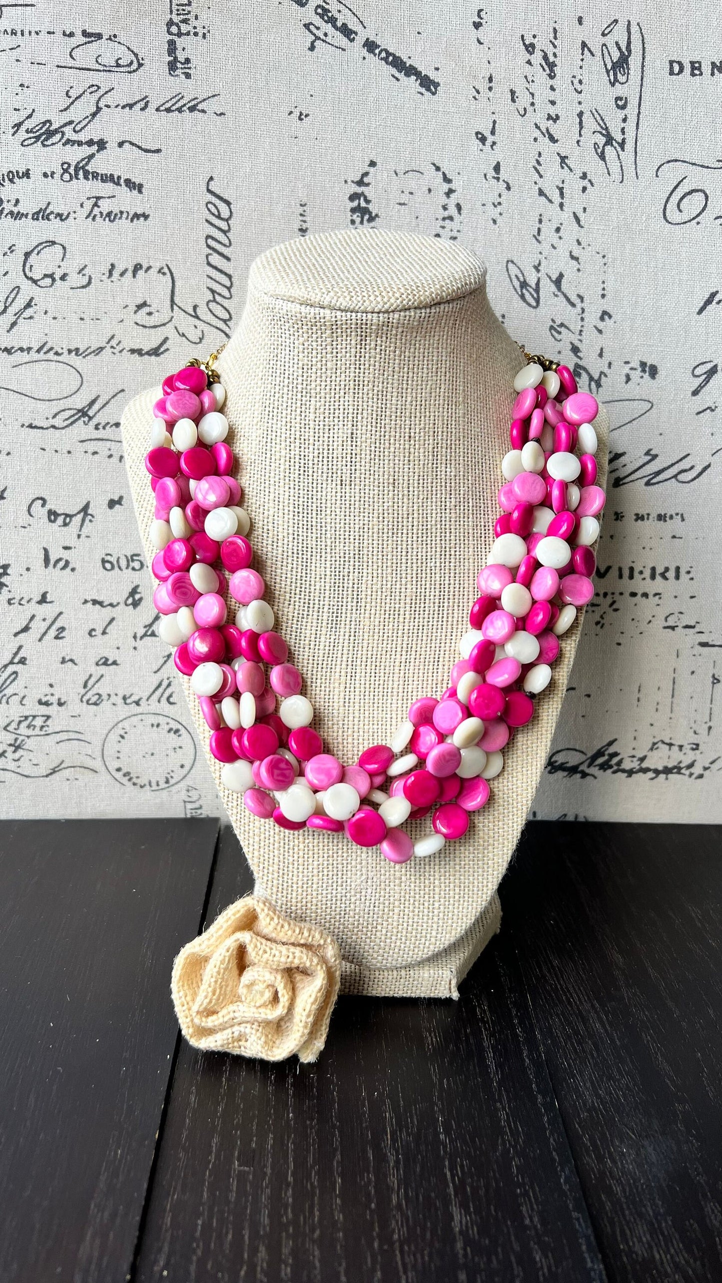 Pink and white big bold chunky necklace Tagua jewelry Fall fashion trends Lightweight adjustable beaded bib Christmas gifts Holidays outfit