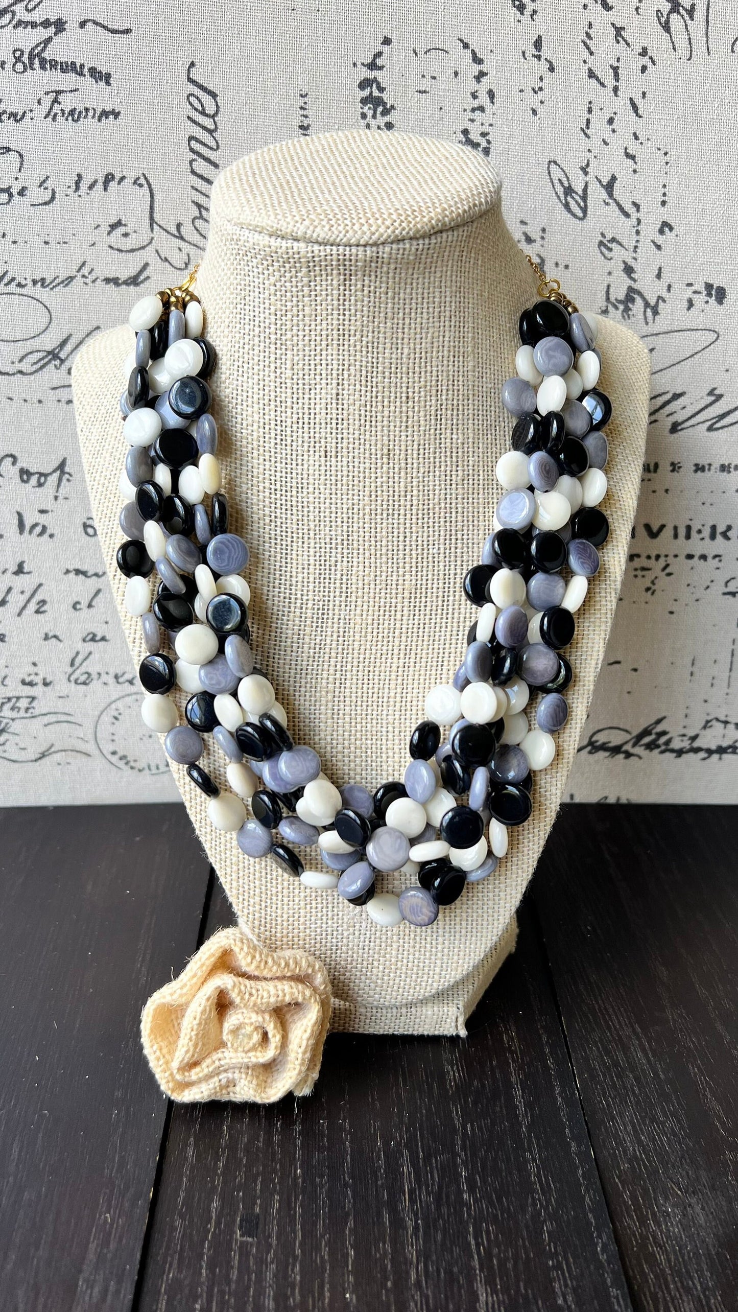 Black and white big bold chunky necklace Tagua jewelry Mothers day gifts for mom Spring fashion trend Lightweight adjustable beaded bib