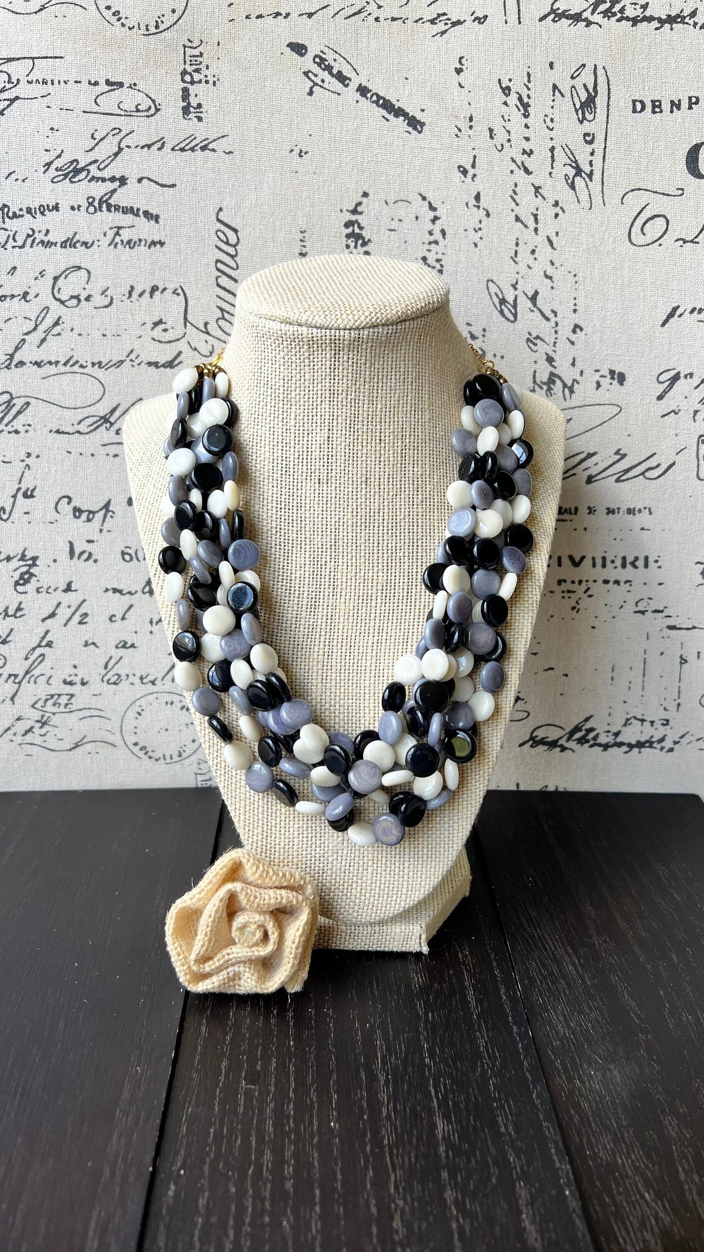 Black and white big bold chunky necklace Tagua jewelry Mothers day gifts for mom Spring fashion trend Lightweight adjustable beaded bib