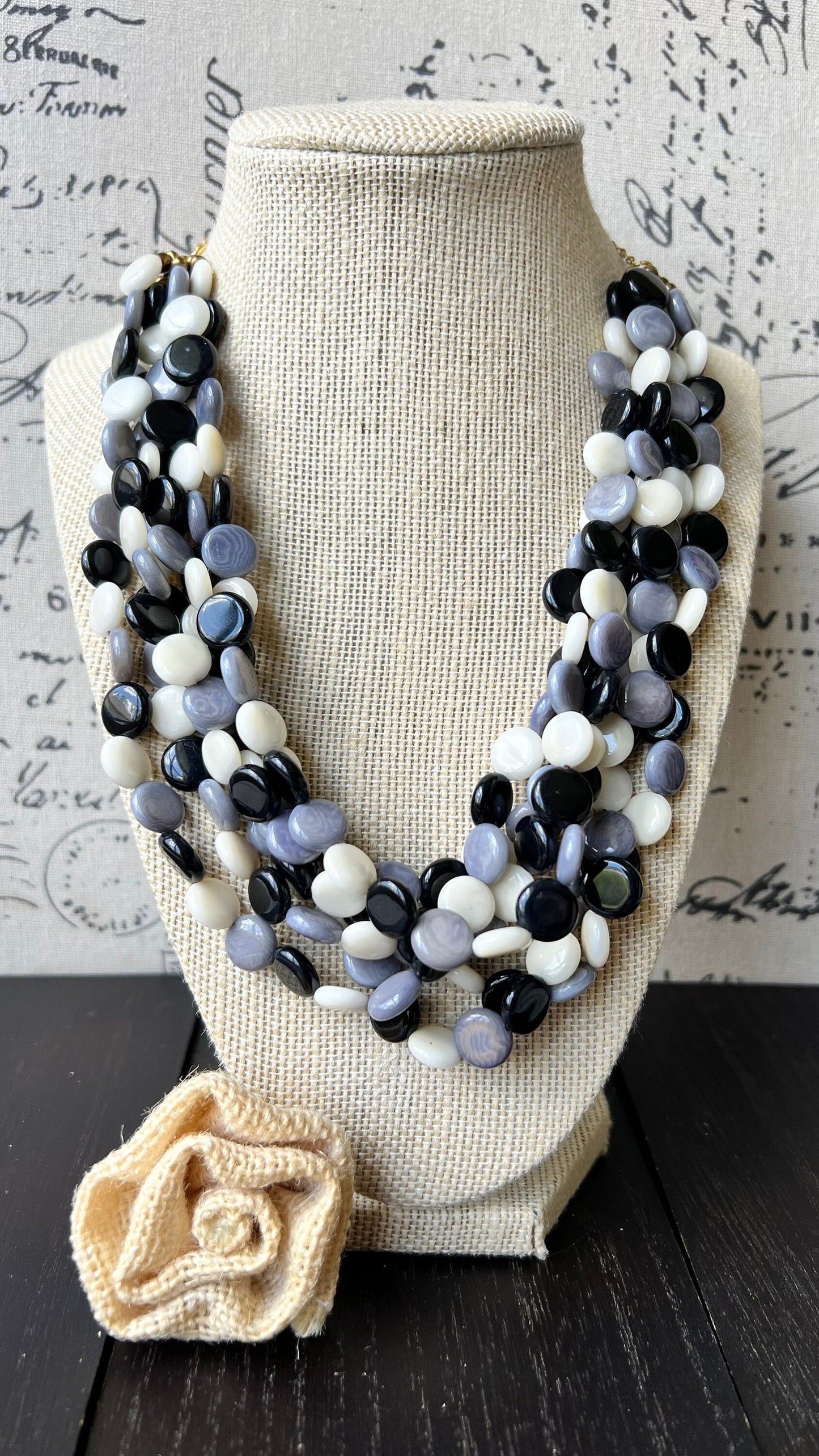 Black and white big bold chunky necklace Tagua jewelry Mothers day gifts for mom Spring fashion trend Lightweight adjustable beaded bib