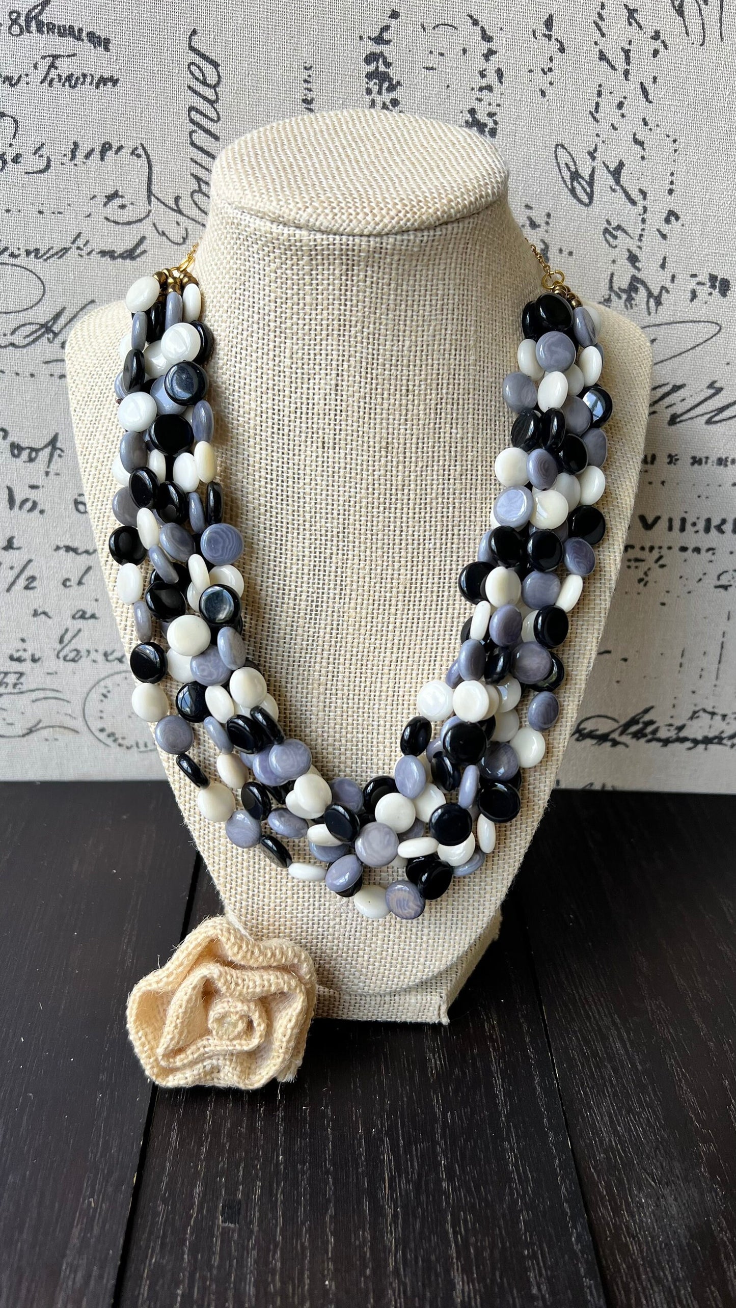 Black and white big bold chunky necklace Tagua jewelry Mothers day gifts for mom Spring fashion trend Lightweight adjustable beaded bib