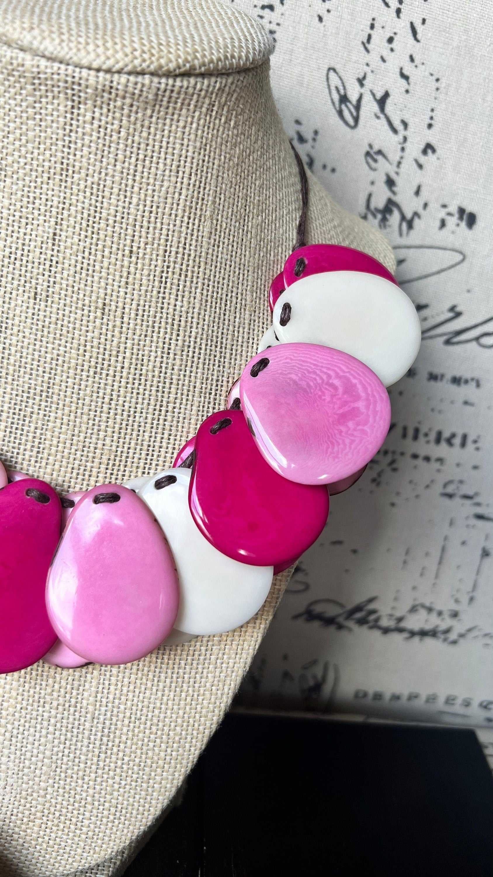 Pink and white bib Tagua necklace Easter fashion trends Mother's day gifts Beach statement jewelry Lightweight and adjustable Big beads