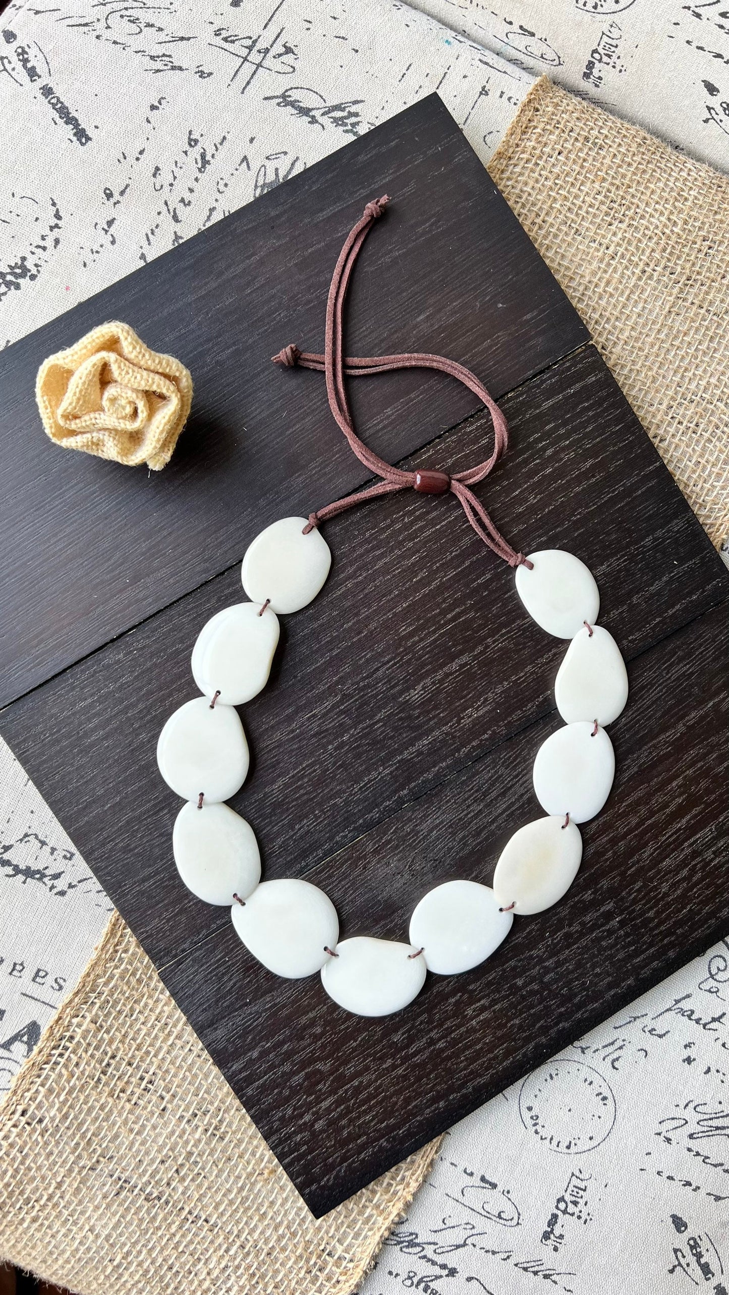 White single strand statement necklace Tagua necklace 14 year Anniversary gift for wife Handmade Adjustable leather strap Simple unusual