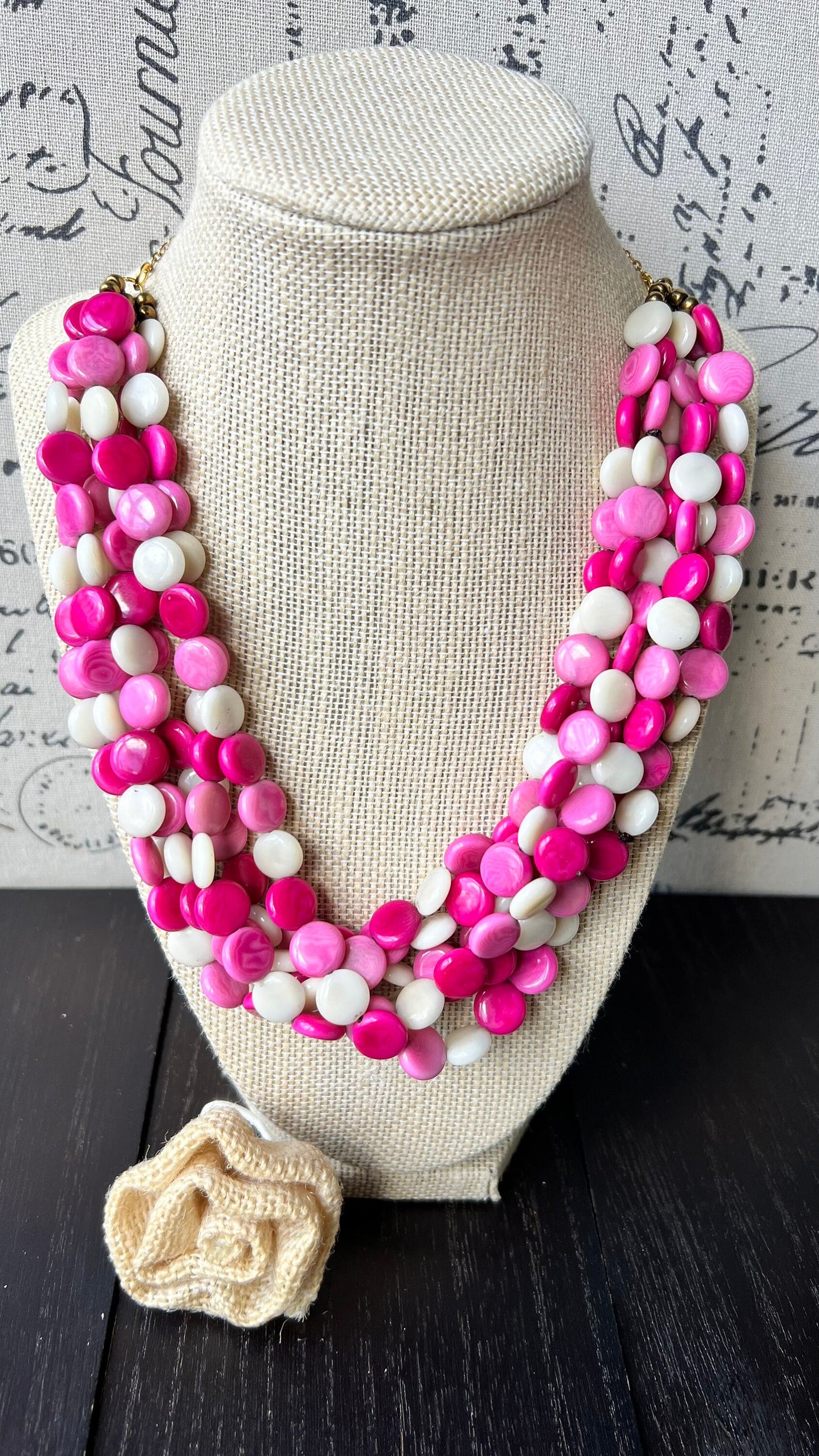 Pink and white big bold chunky necklace Tagua jewelry Fall fashion trends Lightweight adjustable beaded bib Christmas gifts Holidays outfit