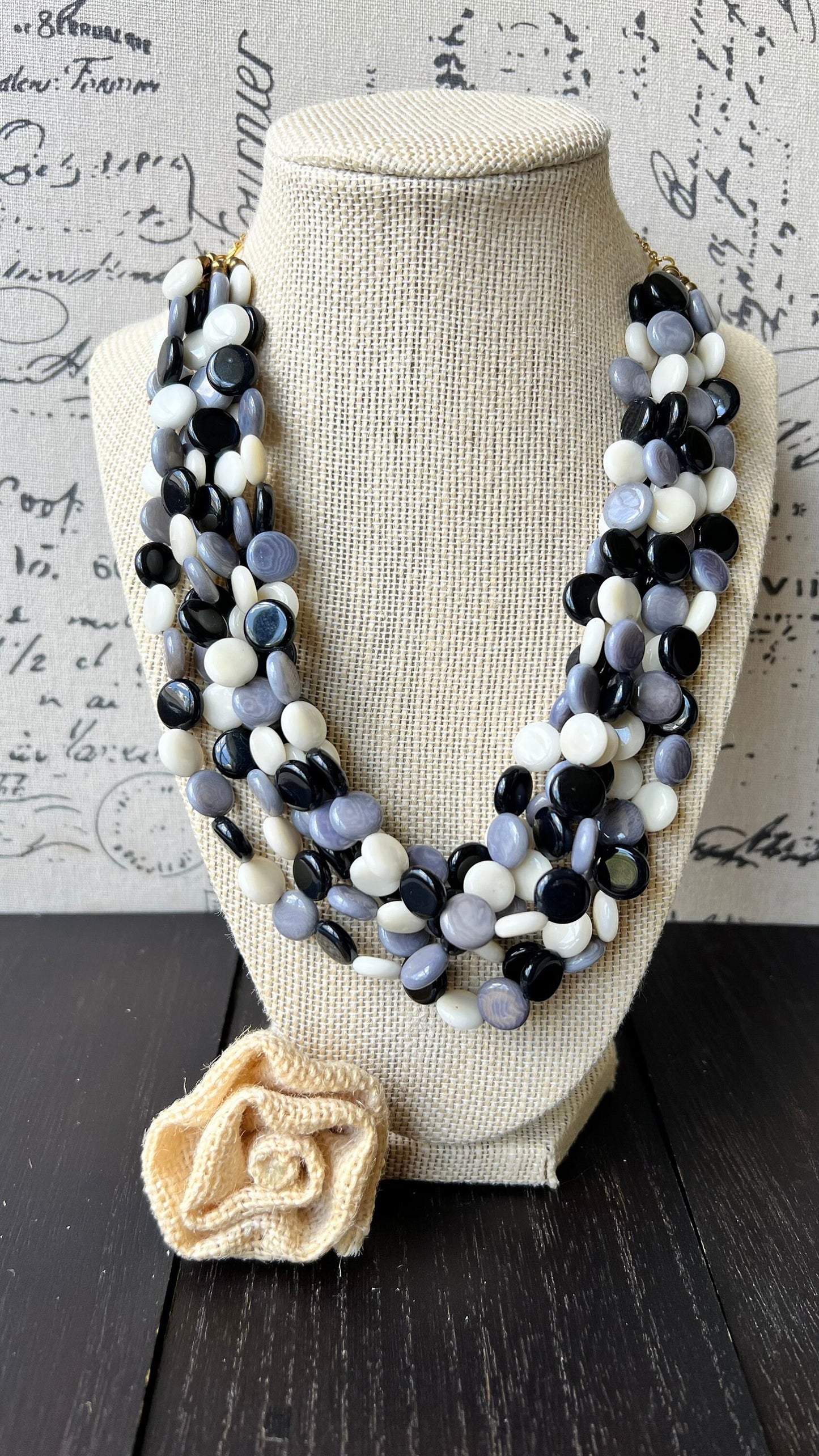 Black and white big bold chunky necklace Tagua jewelry Mothers day gifts for mom Spring fashion trend Lightweight adjustable beaded bib