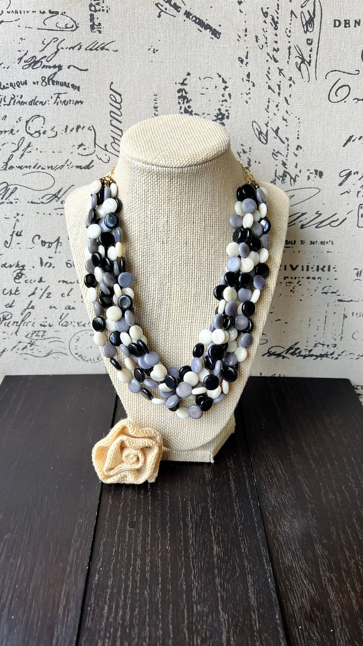 Black and white big bold chunky necklace Tagua jewelry Mothers day gifts for mom Spring fashion trend Lightweight adjustable beaded bib