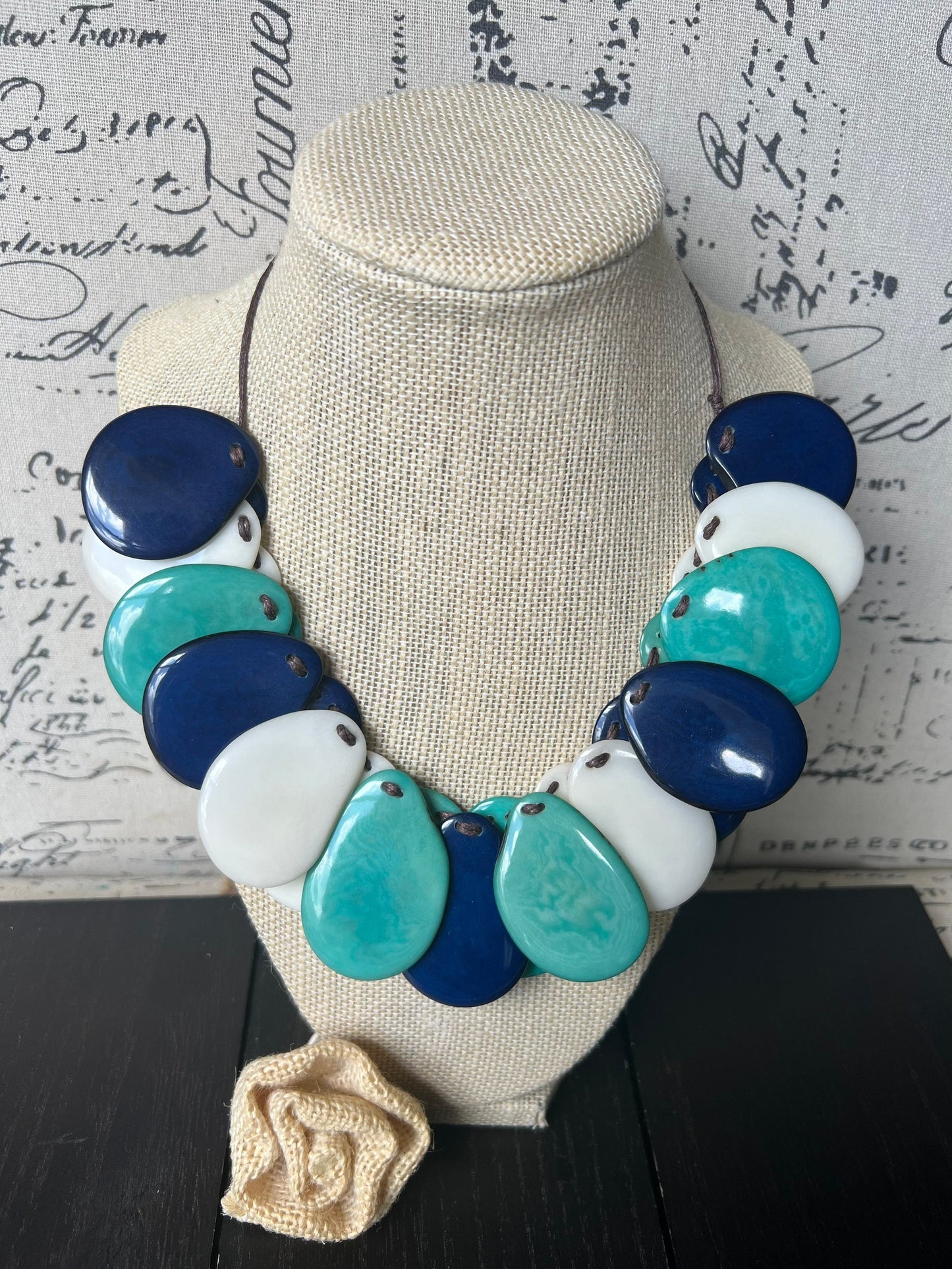 Turquoise blue and white bib Tagua necklace Spring fashion trends Easter statement jewelry Lightweight and adjustable Mother's day gifts