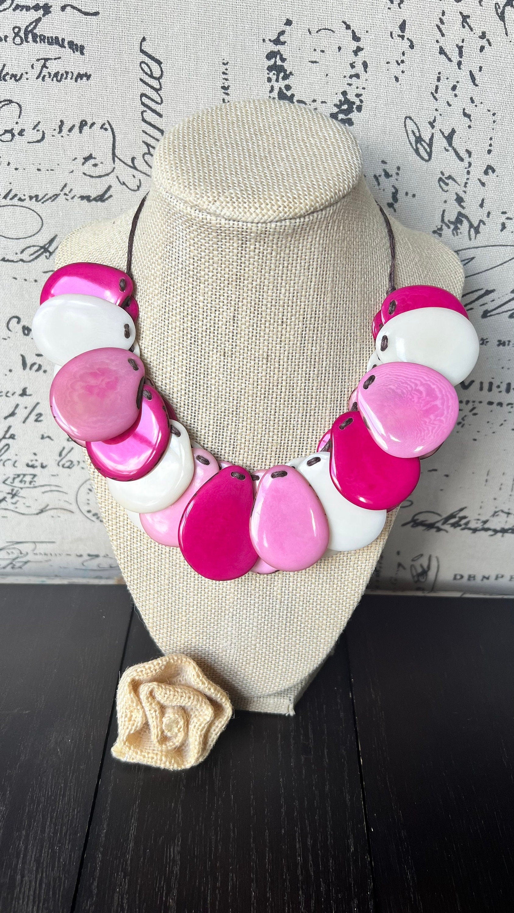 Pink and white bib Tagua necklace Easter fashion trends Mother's day gifts Beach statement jewelry Lightweight and adjustable Big beads