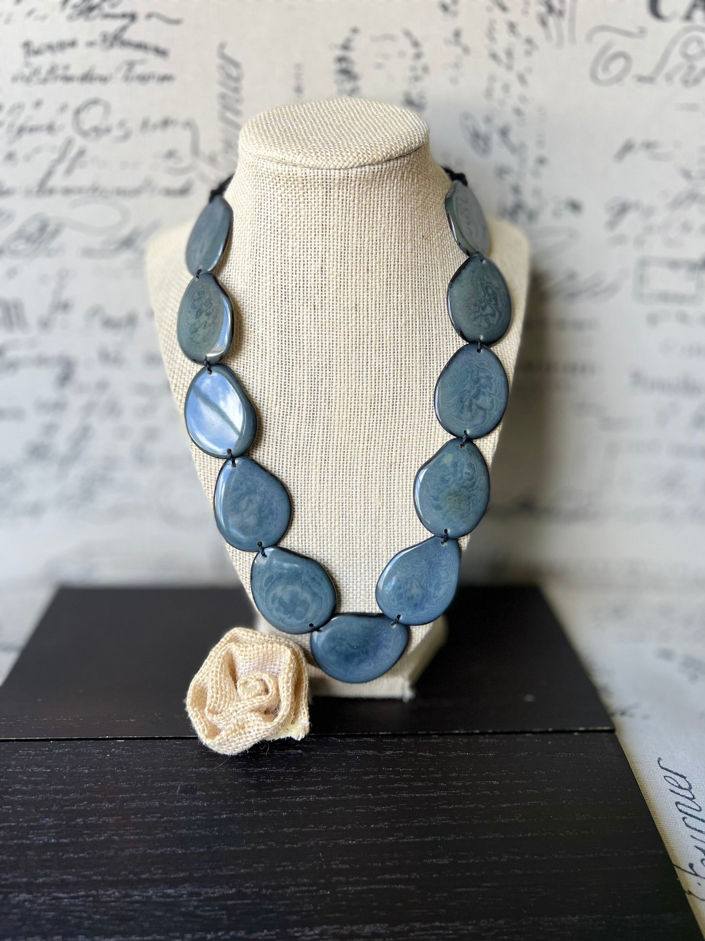 Tagua jewelry Gray bib necklace Simple beaded necklace Spring fashion trend Long beaded statement collar with adjustable leather strap