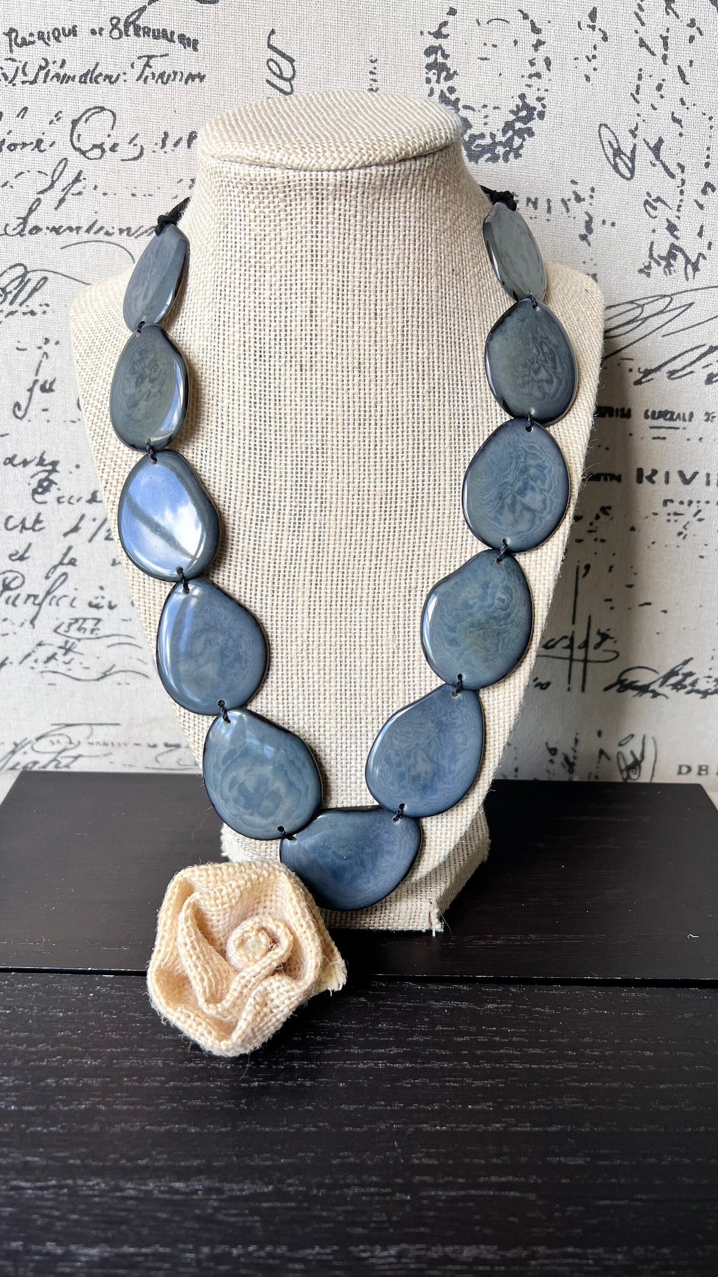 Tagua jewelry Gray bib necklace Simple beaded necklace Spring fashion trend Long beaded statement collar with adjustable leather strap