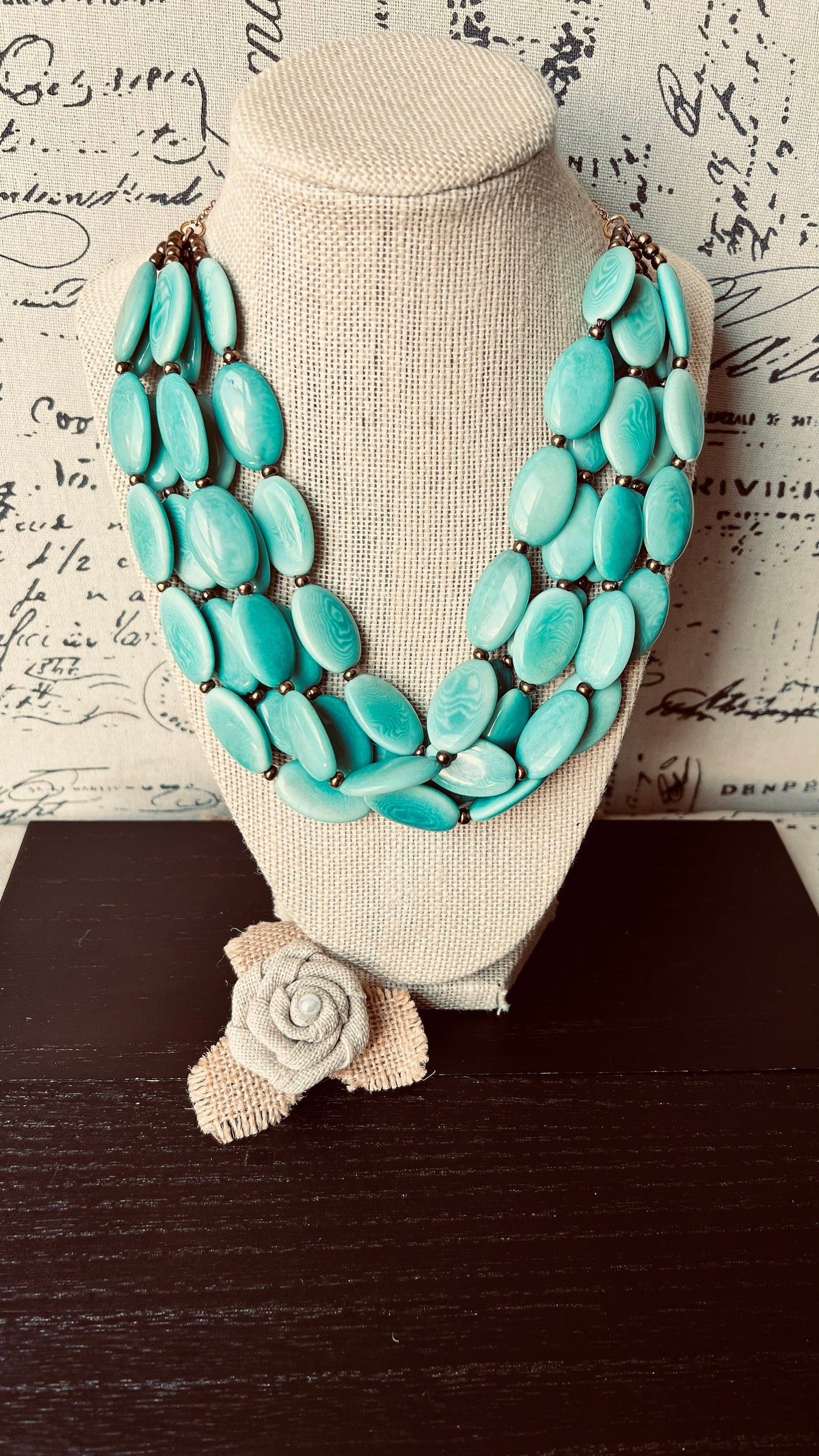 Turquoise green fashion multi strand necklace Statement beaded necklace for women Tagua necklace Lightweight with gold chain Big bold chunky
