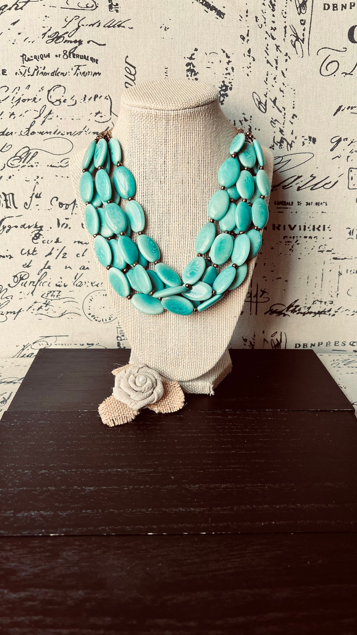 Turquoise green fashion multi strand necklace Statement beaded necklace for women Tagua necklace Lightweight with gold chain Big bold chunky