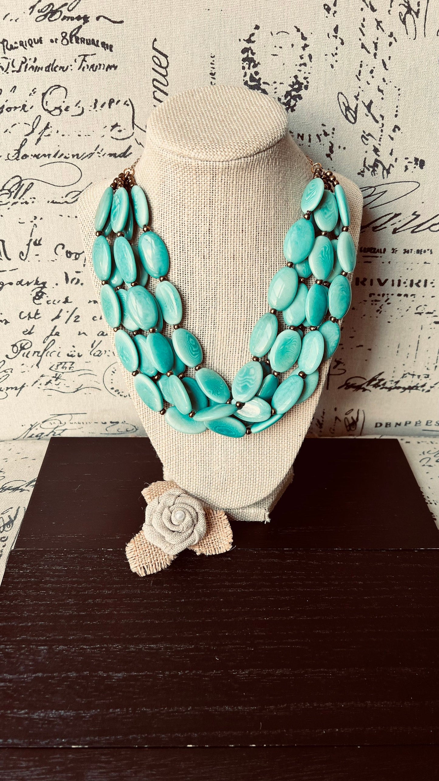 Turquoise green fashion multi strand necklace Statement beaded necklace for women Tagua necklace Lightweight with gold chain Big bold chunky