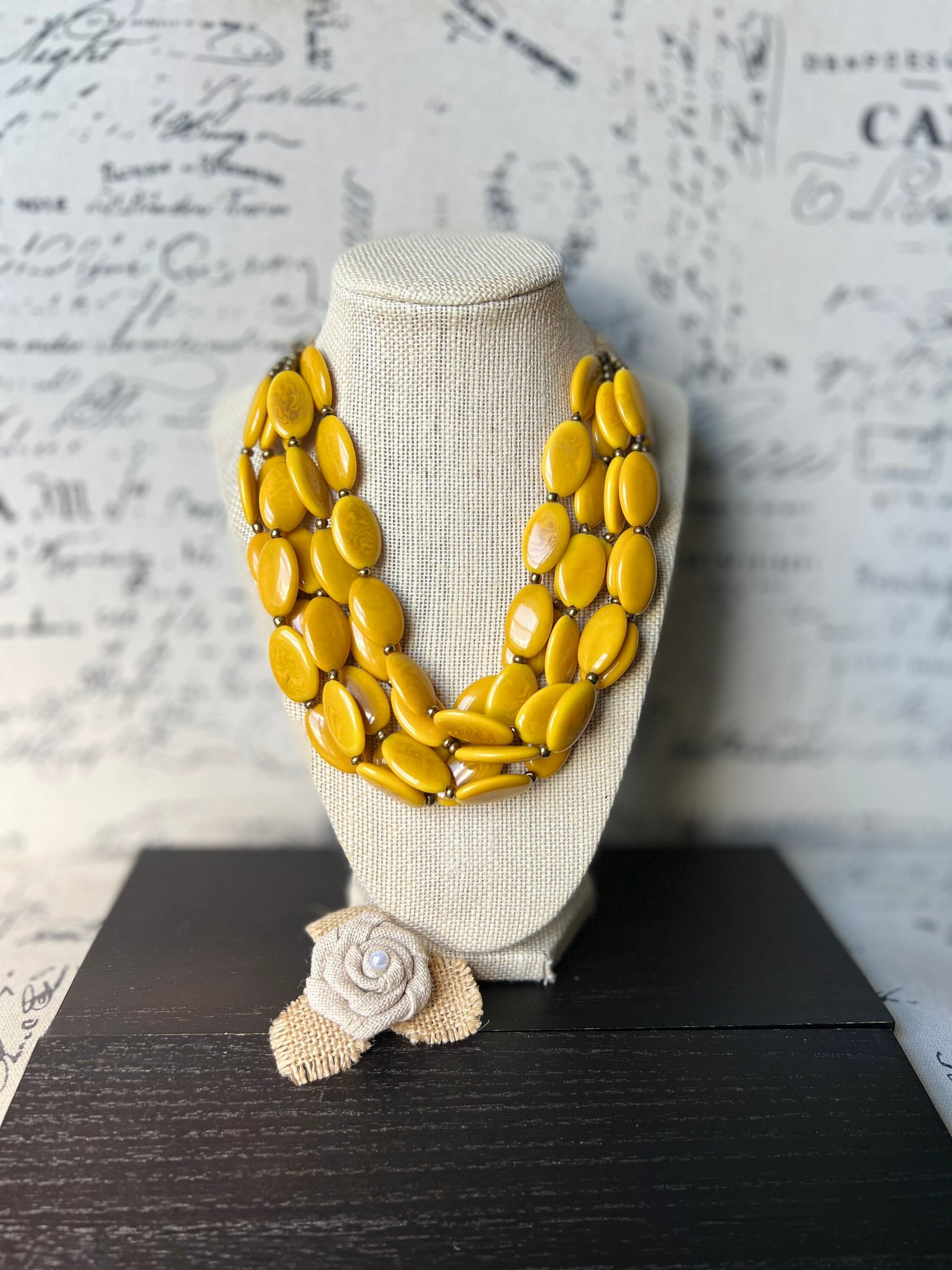 Yellow fashion multi strand necklace Statement beaded bib necklace for women Tagua nut necklace Lightweight with gold chain Big bold chunky