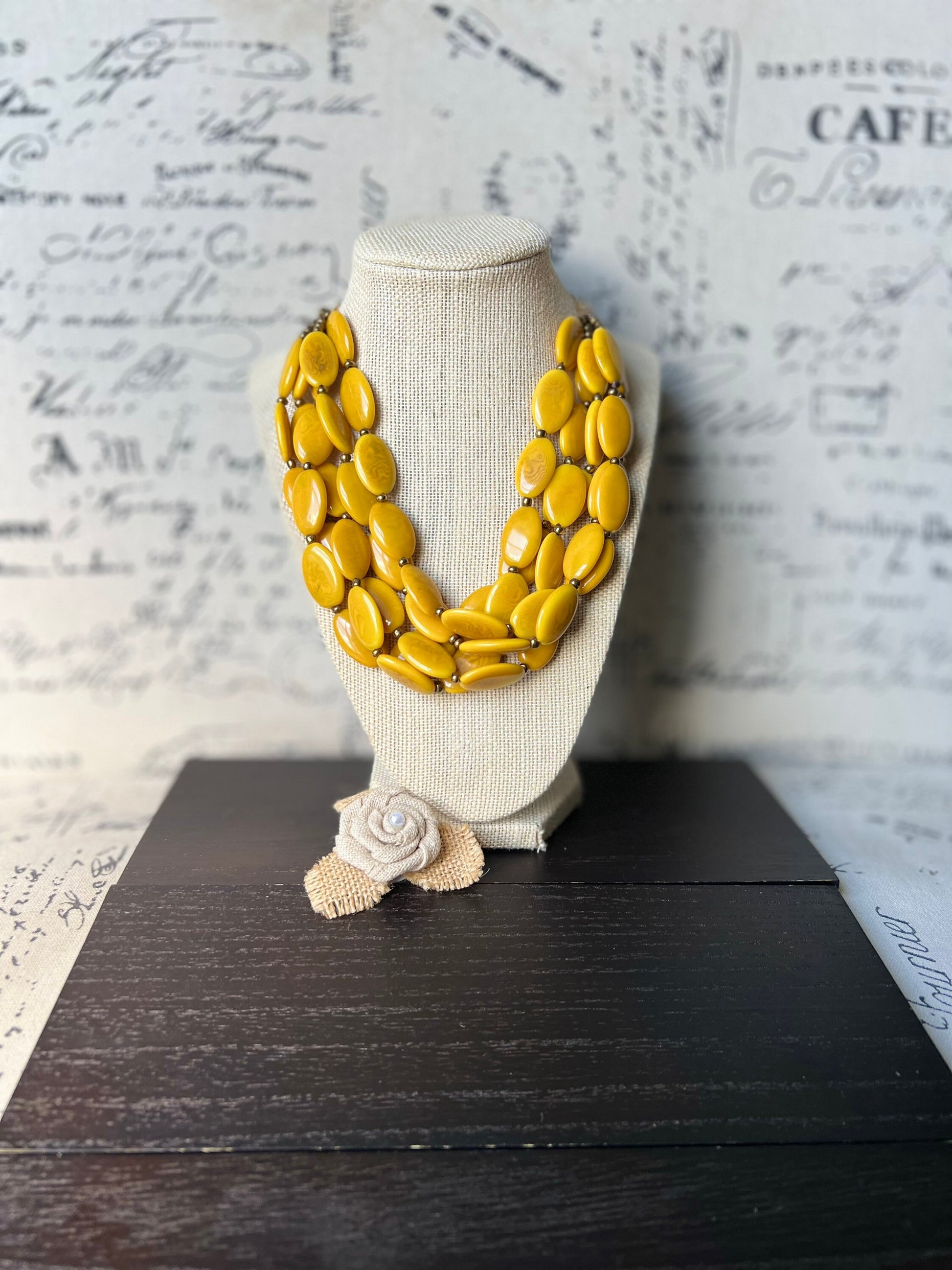 Yellow fashion multi strand necklace Statement beaded bib necklace for women Tagua nut necklace Lightweight with gold chain Big bold chunky
