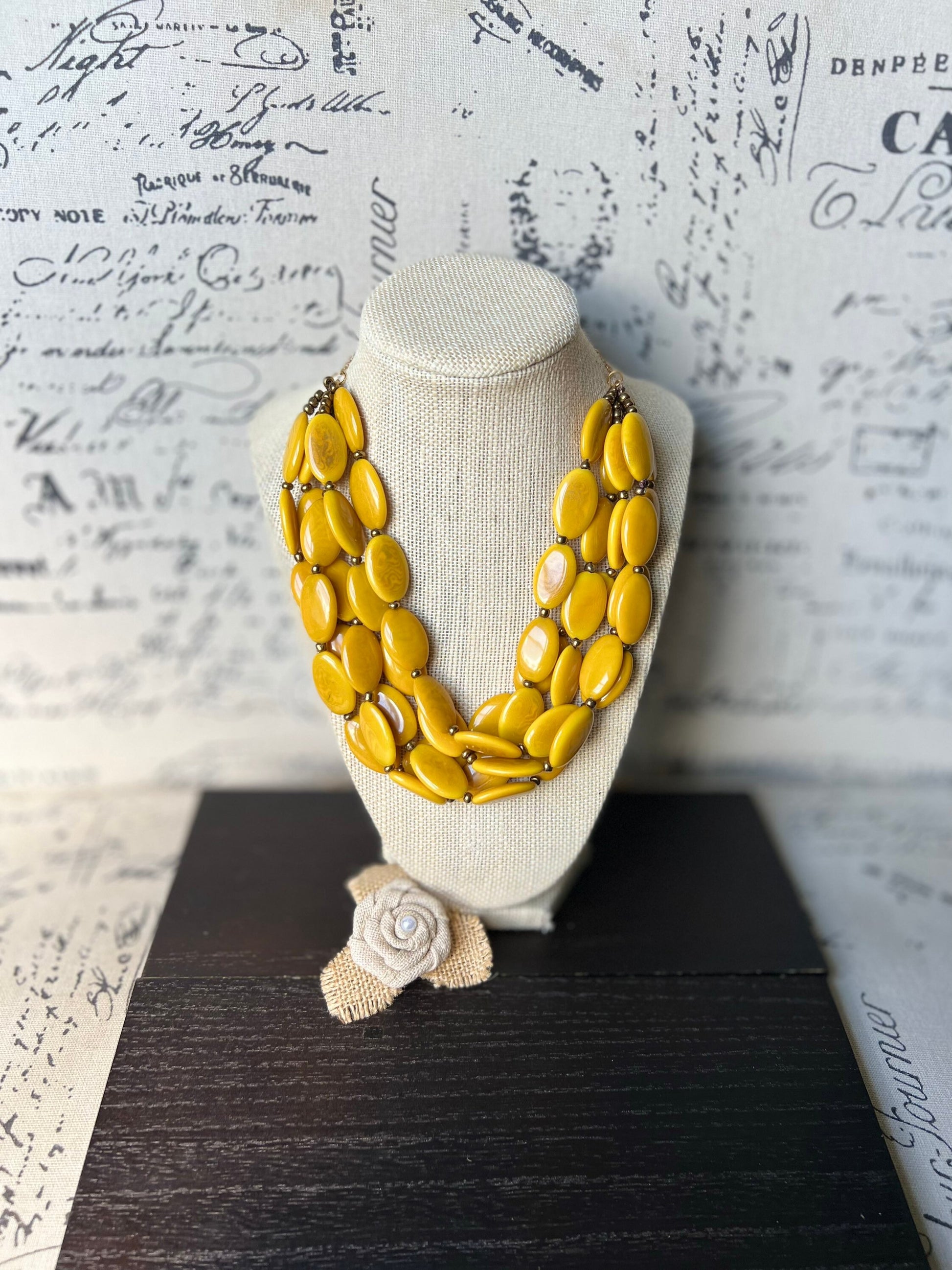 Yellow fashion multi strand necklace Statement beaded bib necklace for women Tagua nut necklace Lightweight with gold chain Big bold chunky