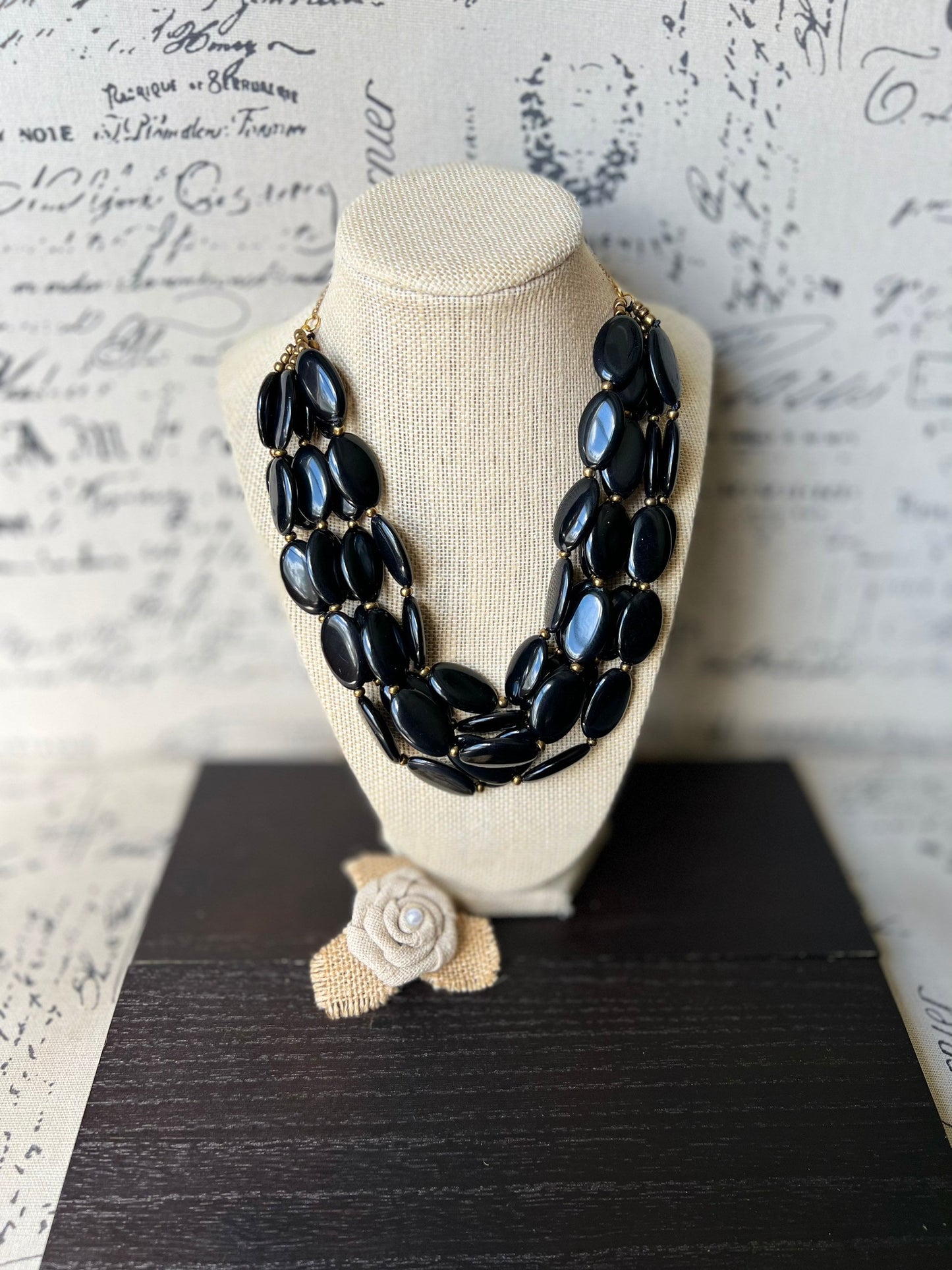 Black fashion multi strand necklace Statement beaded bib necklace for women Tagua nut necklace Lightweight with gold chain Big bold chunky