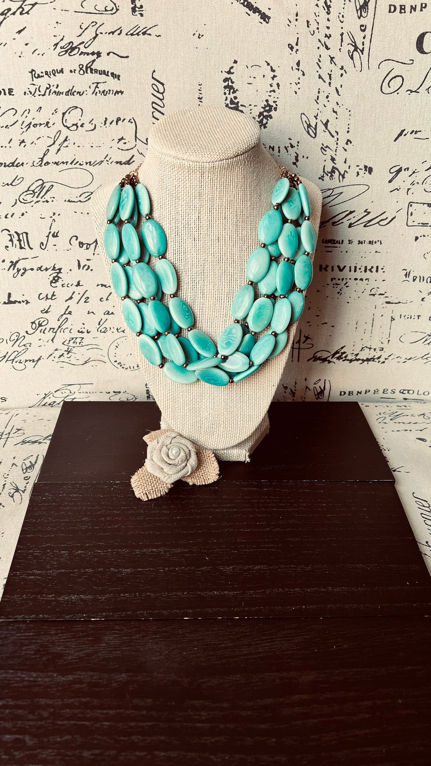 Turquoise green fashion multi strand necklace Statement beaded necklace for women Tagua necklace Lightweight with gold chain Big bold chunky