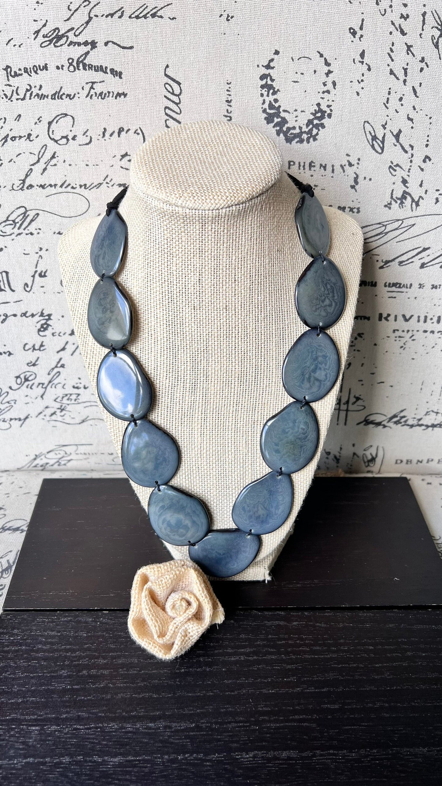 Tagua jewelry Gray bib necklace Simple beaded necklace Spring fashion trend Long beaded statement collar with adjustable leather strap
