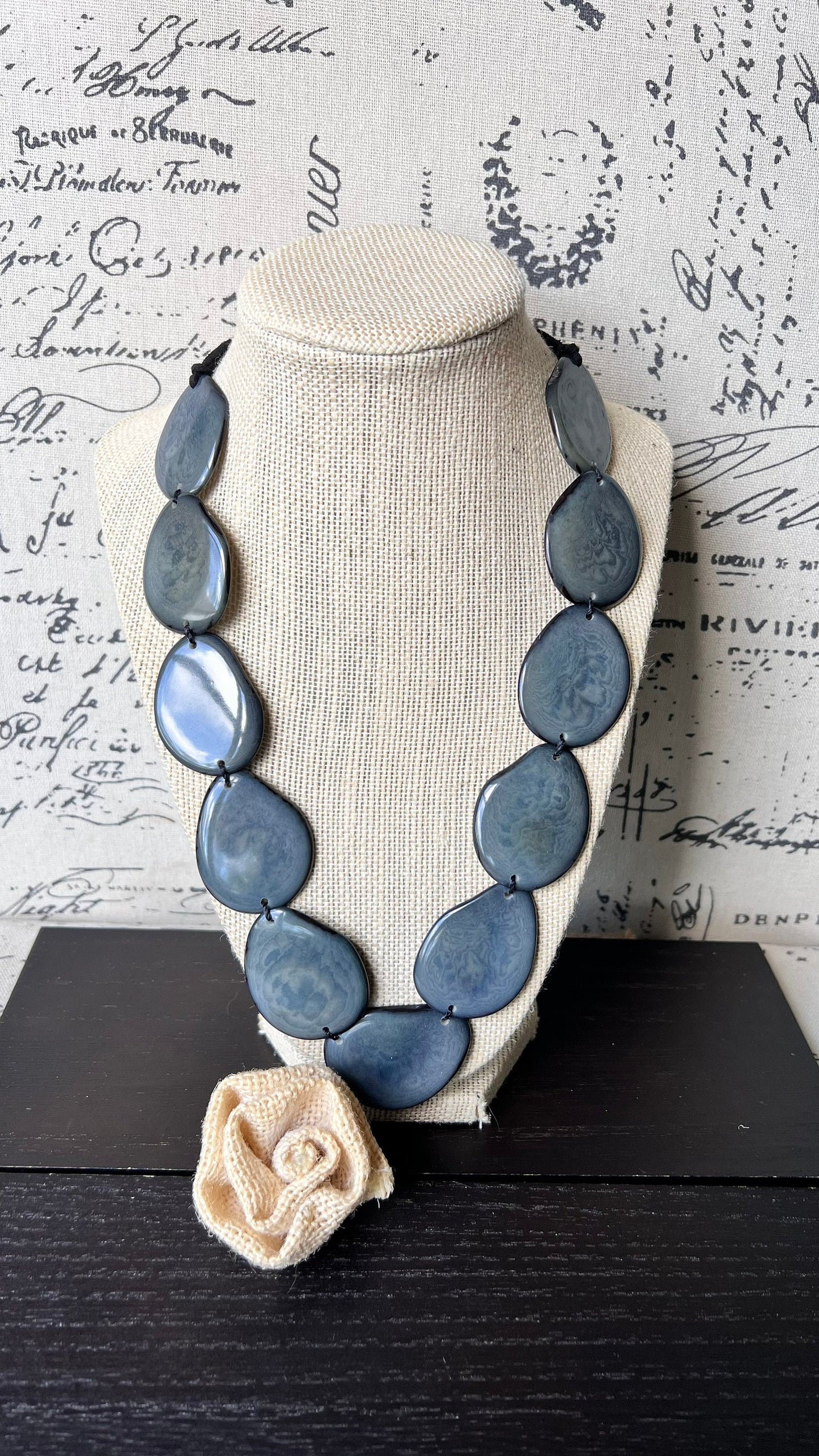 Tagua jewelry Gray bib necklace Simple beaded necklace Spring fashion trend Long beaded statement collar with adjustable leather strap