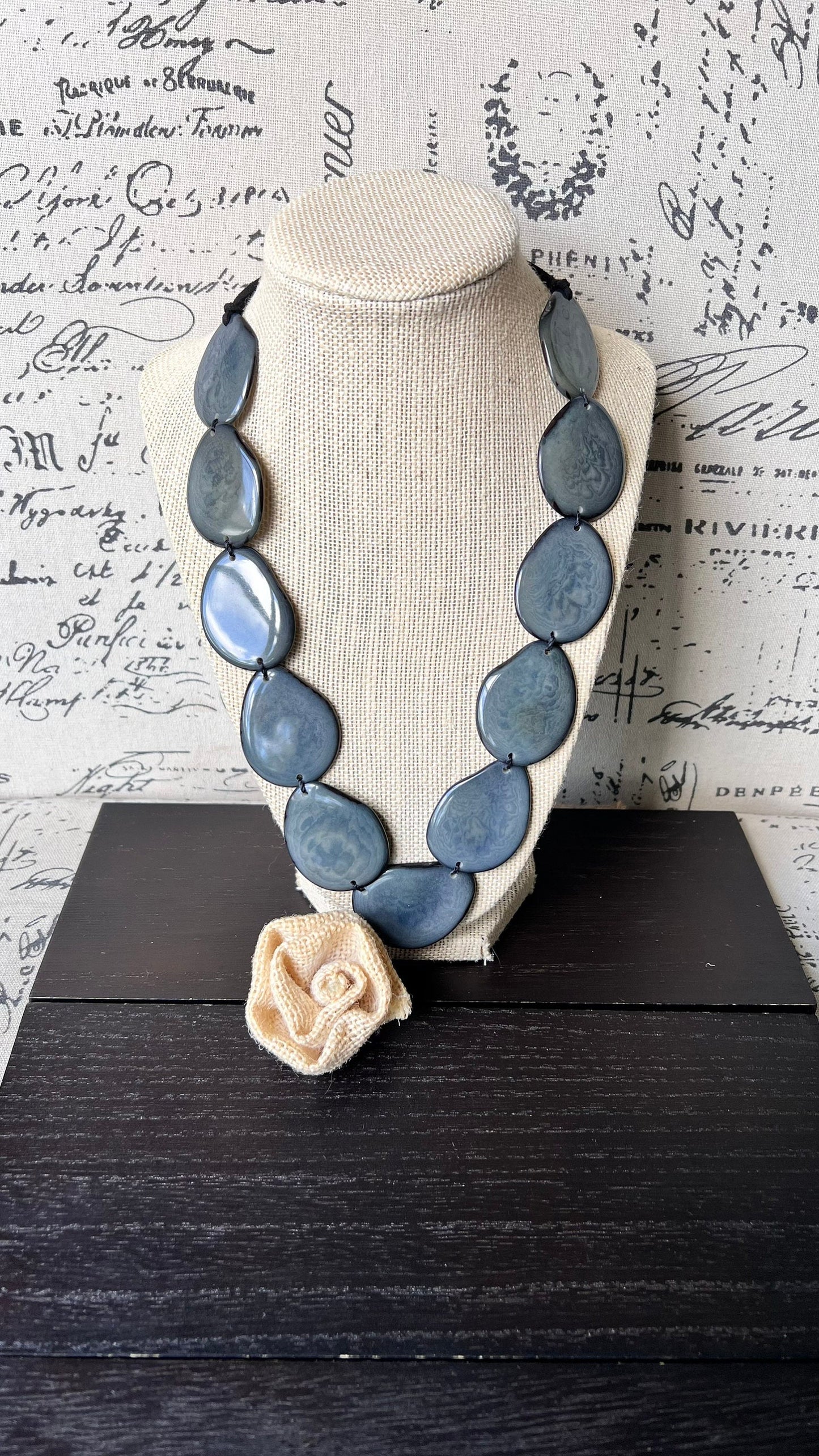 Tagua jewelry Gray bib necklace Simple beaded necklace Spring fashion trend Long beaded statement collar with adjustable leather strap
