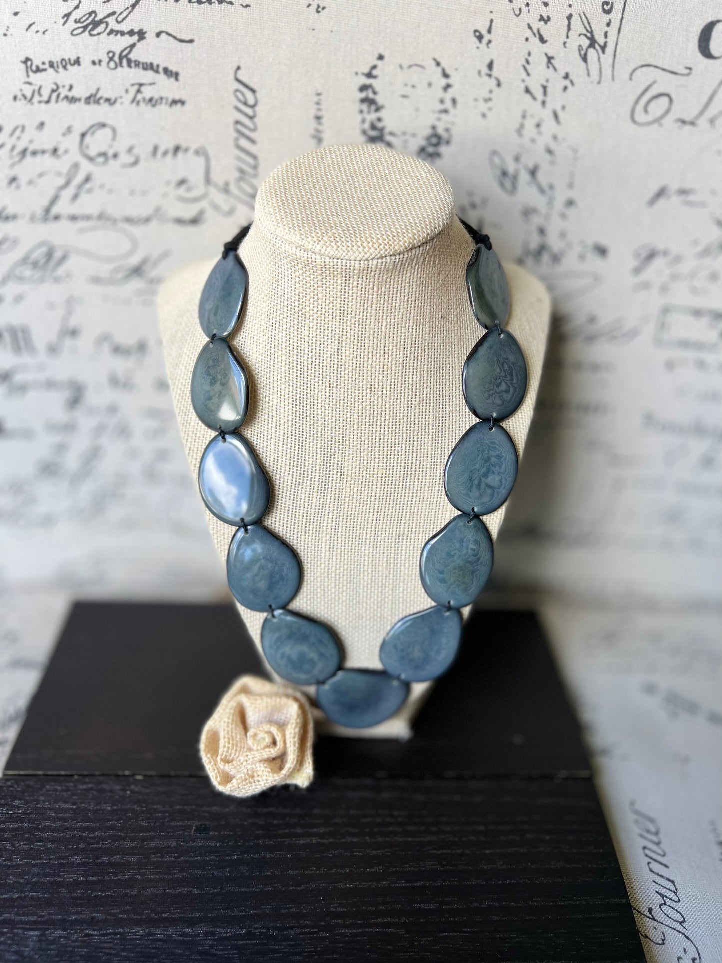 Tagua jewelry Gray bib necklace Simple beaded necklace Spring fashion trend Long beaded statement collar with adjustable leather strap