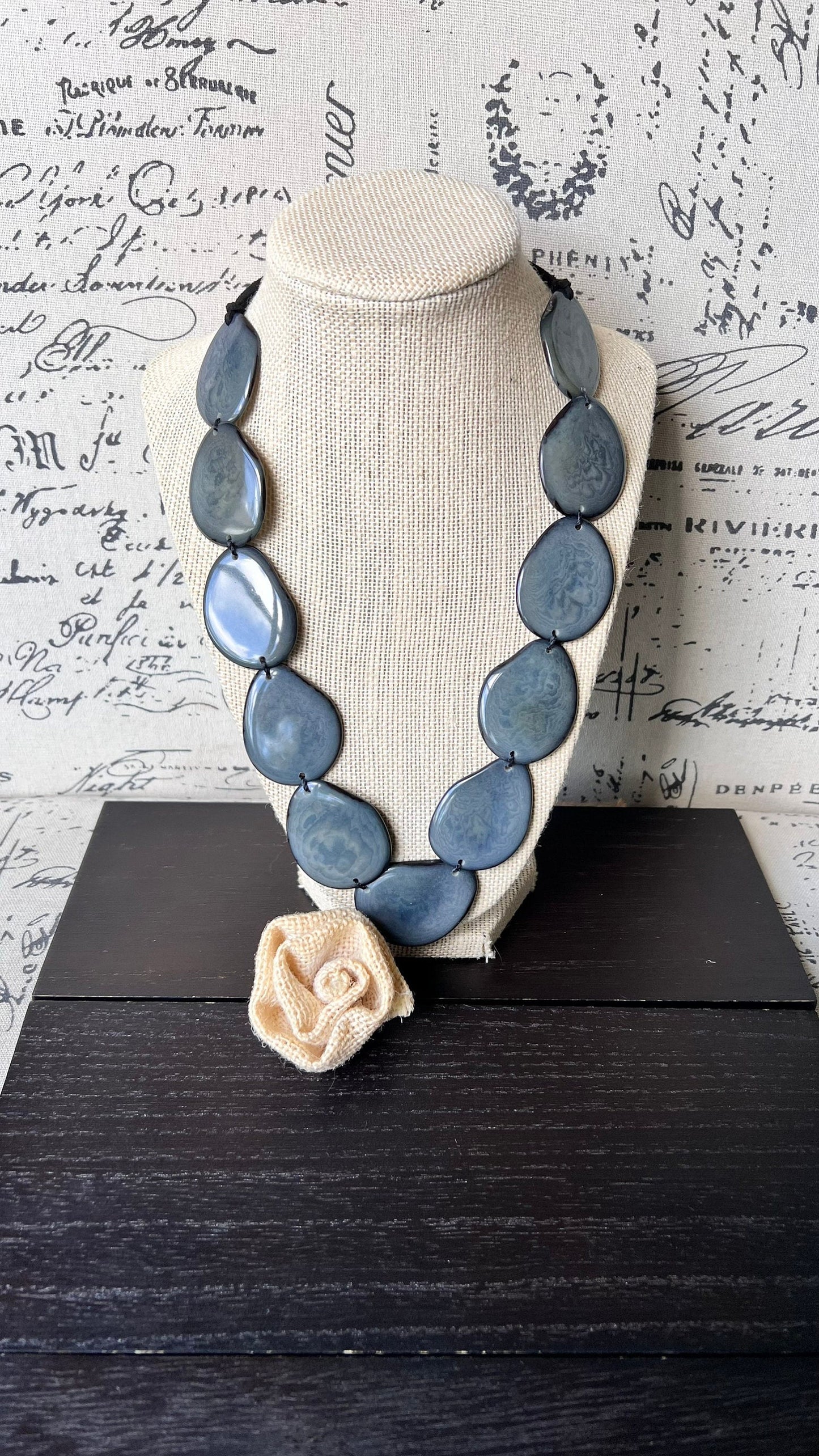 Tagua jewelry Gray bib necklace Simple beaded necklace Spring fashion trend Long beaded statement collar with adjustable leather strap