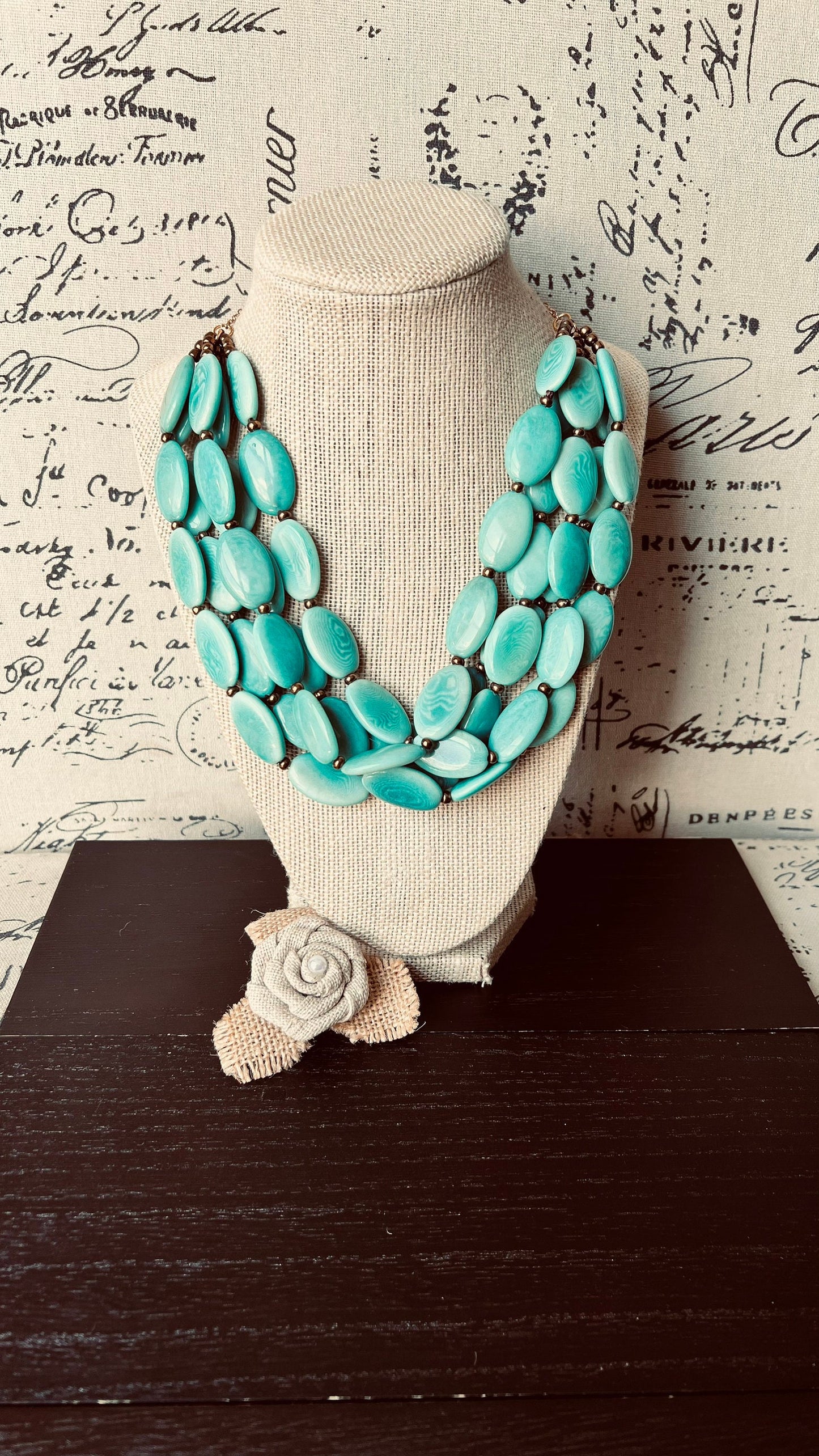 Turquoise green fashion multi strand necklace Statement beaded necklace for women Tagua necklace Lightweight with gold chain Big bold chunky