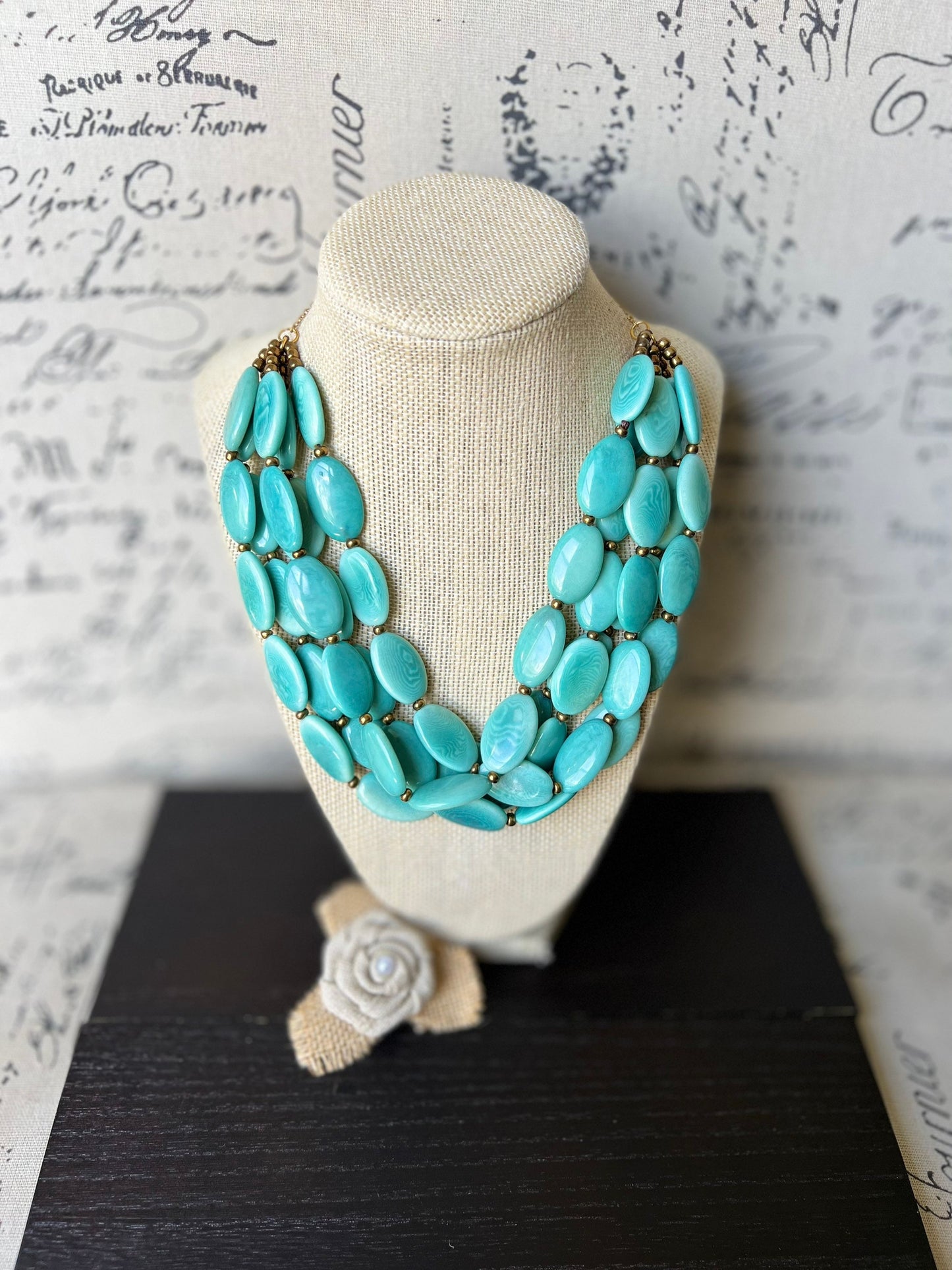 Turquoise green fashion multi strand necklace Statement beaded necklace for women Tagua necklace Lightweight with gold chain Big bold chunky