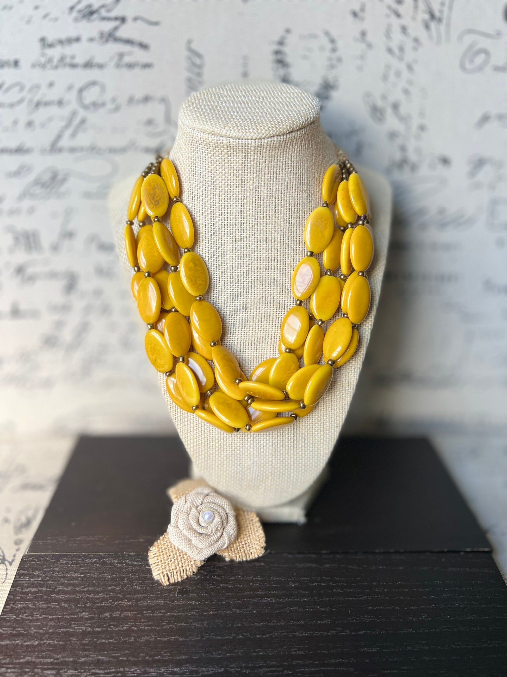Yellow fashion multi strand necklace Statement beaded bib necklace for women Tagua nut necklace Lightweight with gold chain Big bold chunky