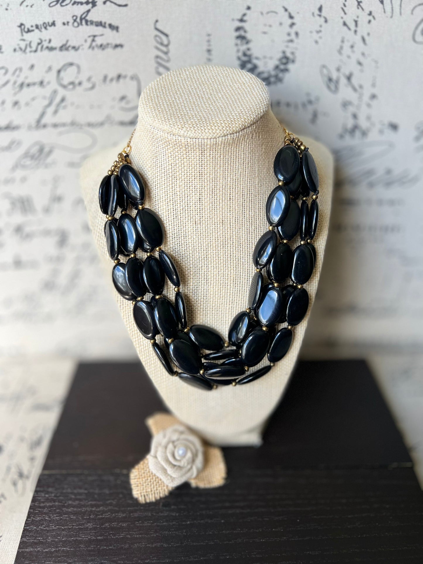 Black fashion multi strand necklace Statement beaded bib necklace for women Tagua nut necklace Lightweight with gold chain Big bold chunky