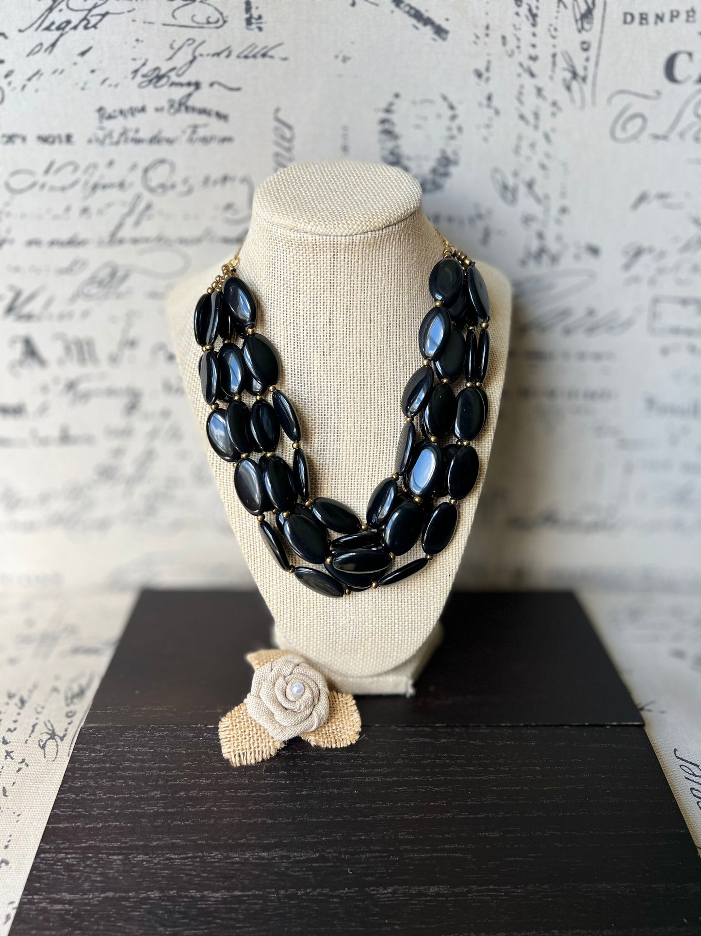 Black fashion multi strand necklace Statement beaded bib necklace for women Tagua nut necklace Lightweight with gold chain Big bold chunky