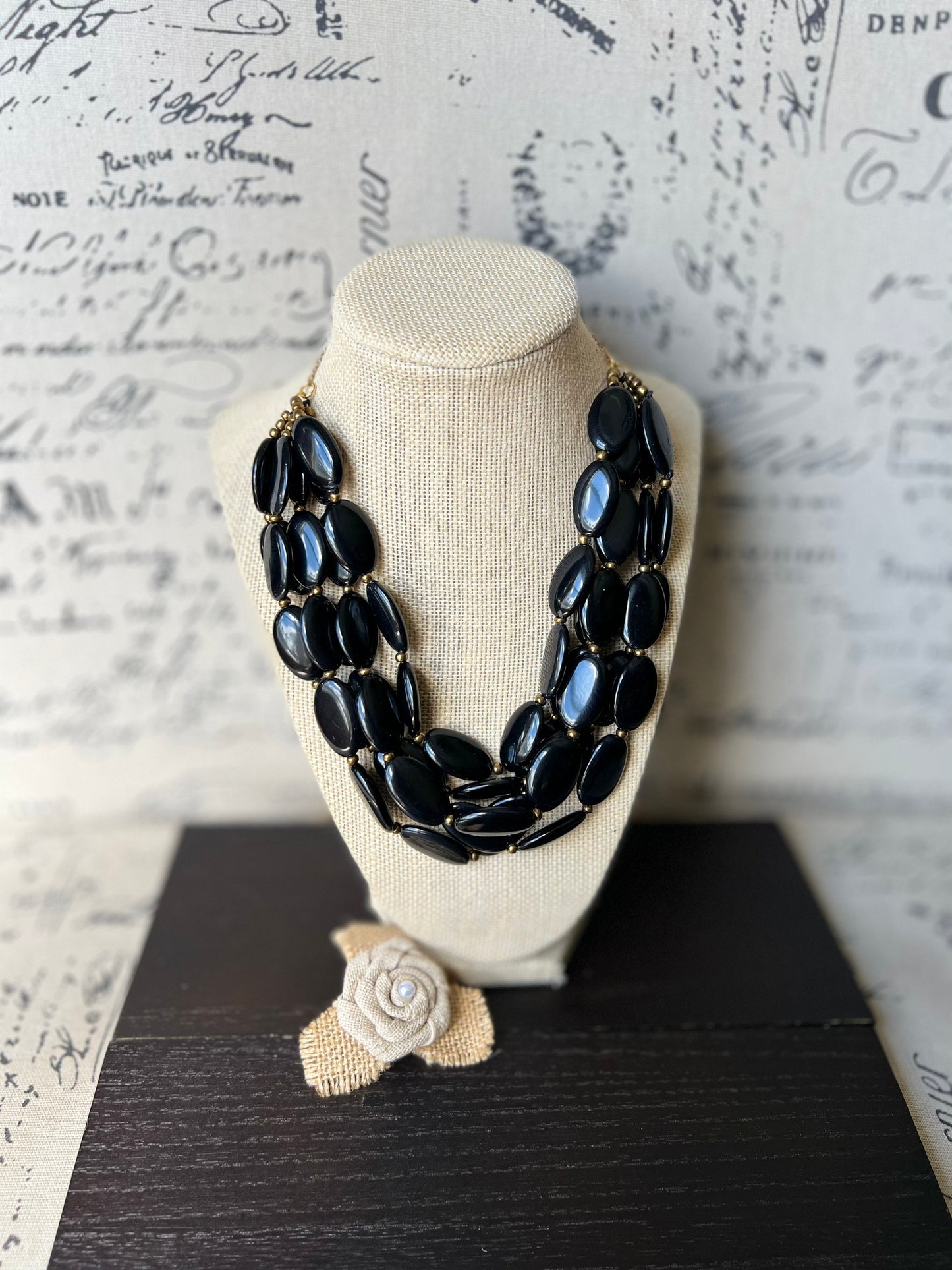 Black fashion multi strand necklace Statement beaded bib necklace for women Tagua nut necklace Lightweight with gold chain Big bold chunky