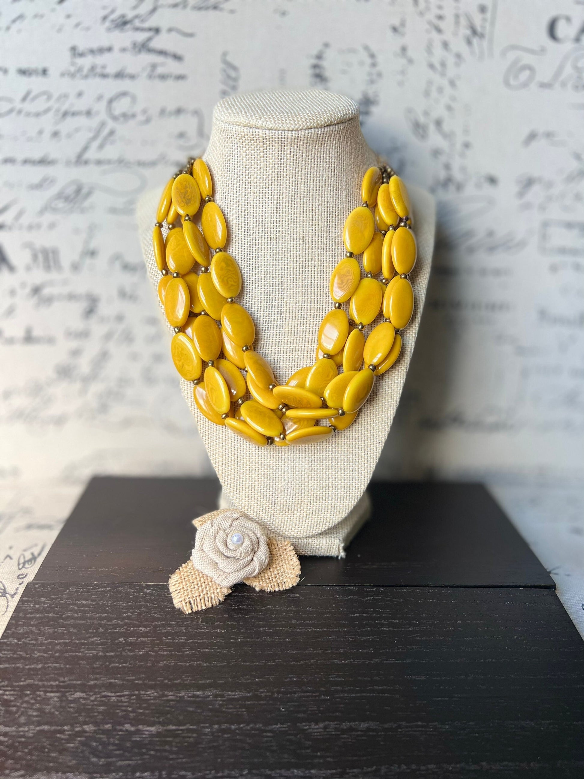Yellow fashion multi strand necklace Statement beaded bib necklace for women Tagua nut necklace Lightweight with gold chain Big bold chunky