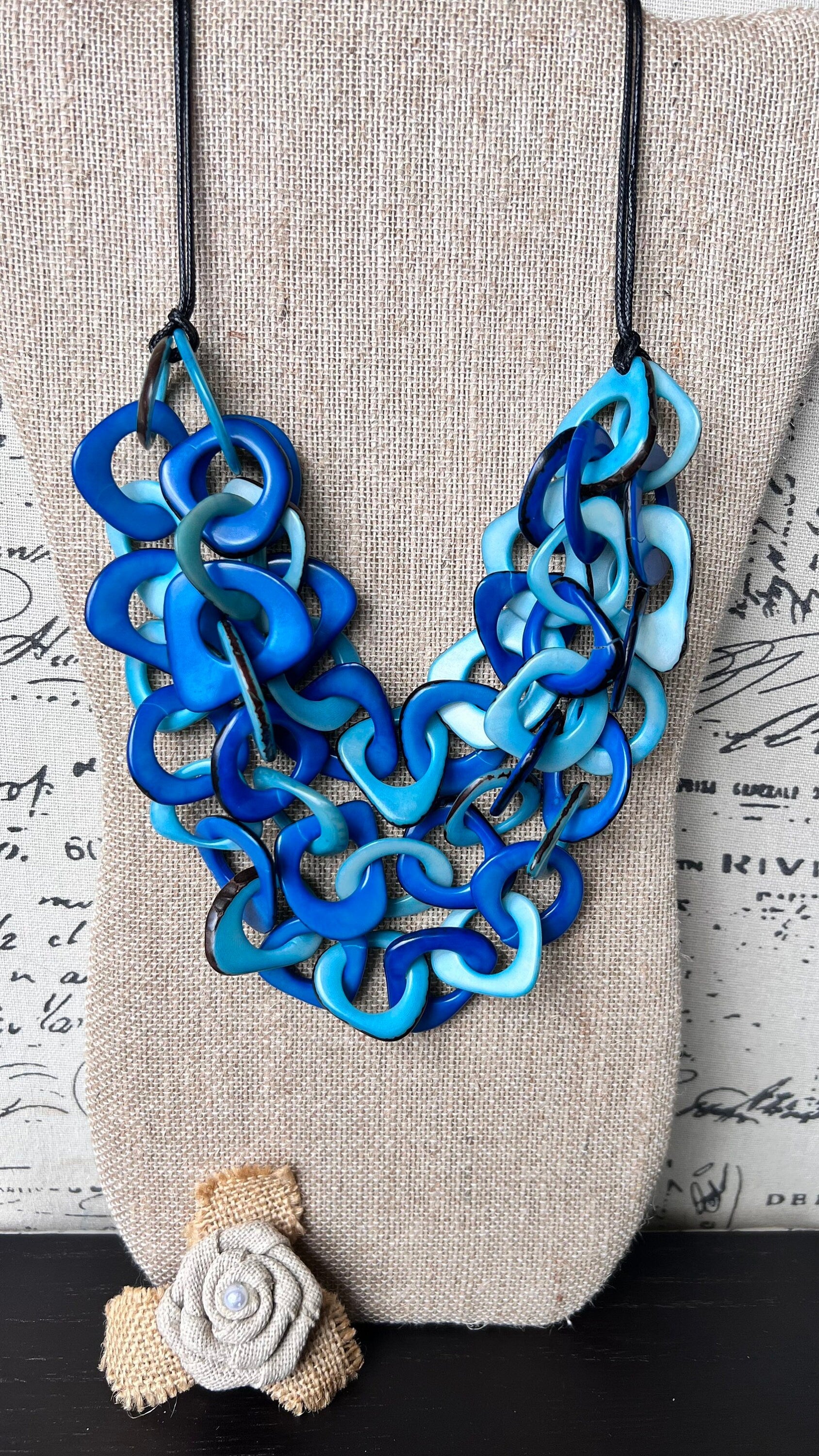 Blue and turquoise statement necklace Tagua jewelry Big bold chunky necklaces Spring fashion trends Mother’s Day gifts Easter outfit
