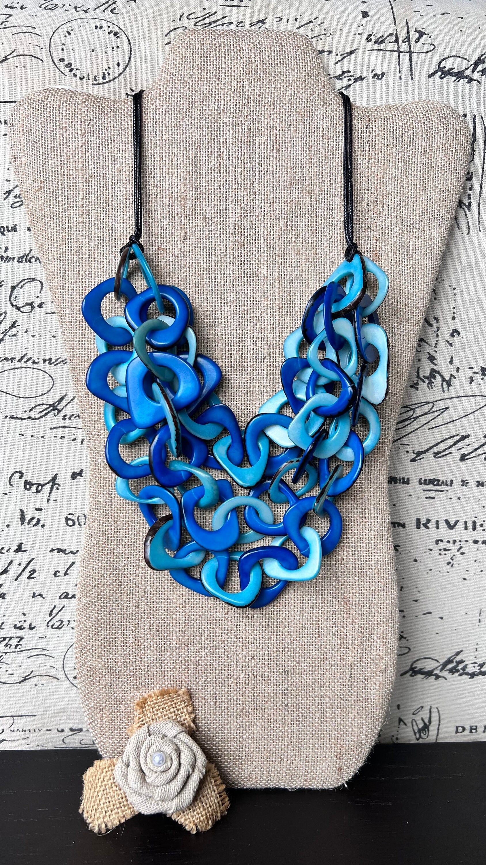 Blue and turquoise statement necklace Tagua jewelry Big bold chunky necklaces Spring fashion trends Mother’s Day gifts Easter outfit