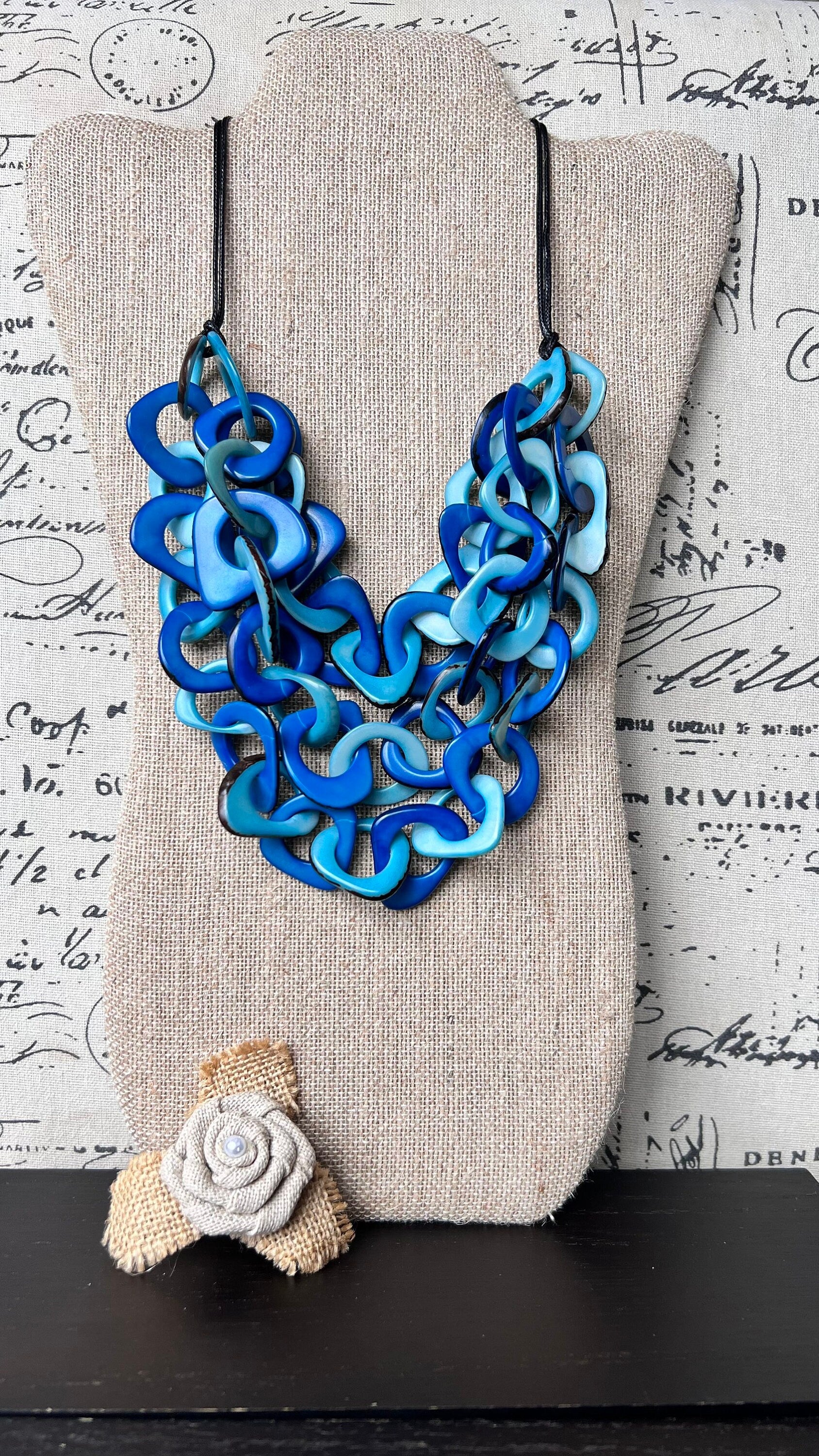 Blue and turquoise statement necklace Tagua jewelry Big bold chunky necklaces Spring fashion trends Mother’s Day gifts Easter outfit