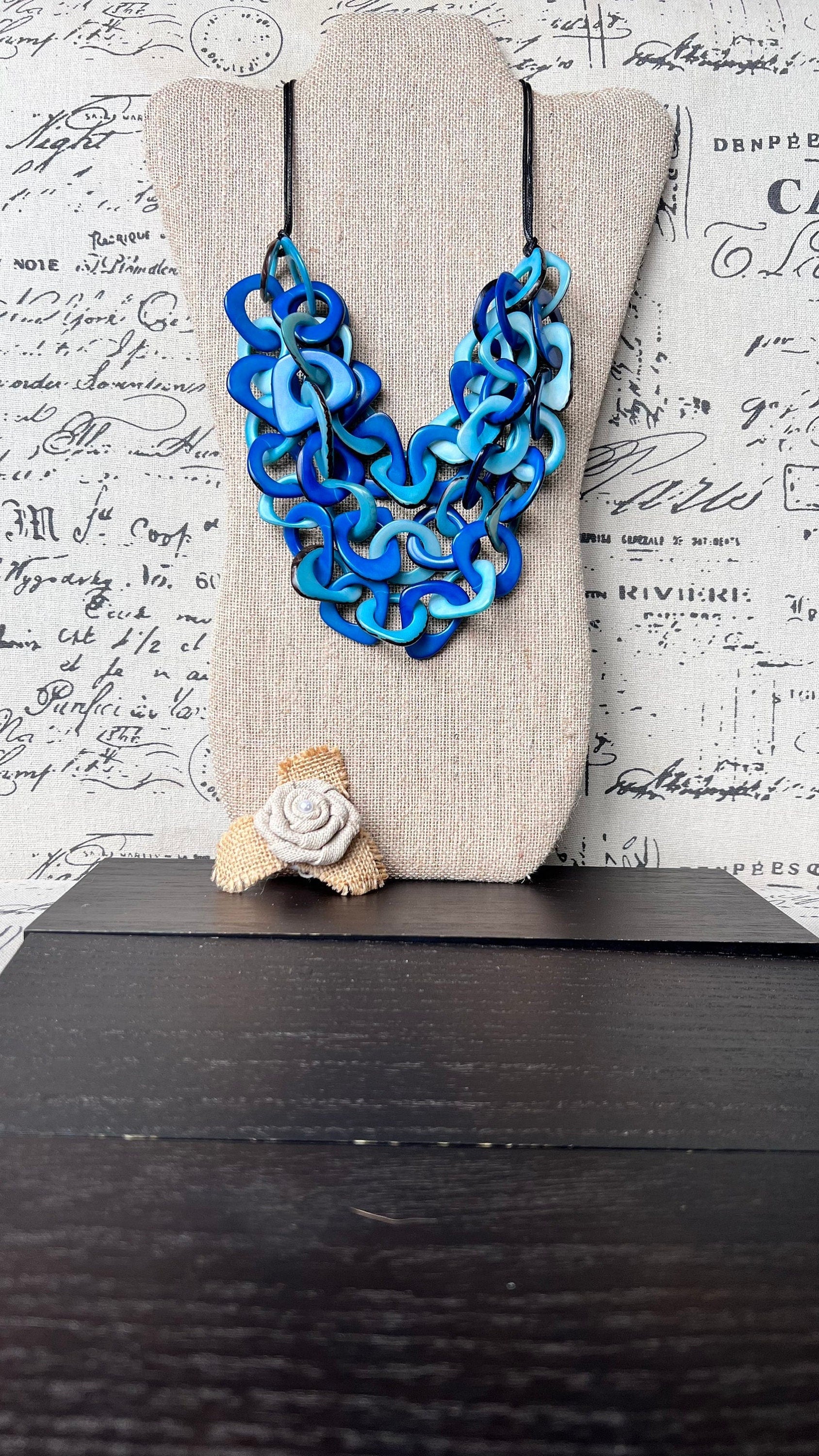 Blue and turquoise statement necklace Tagua jewelry Big bold chunky necklaces Spring fashion trends Mother’s Day gifts Easter outfit