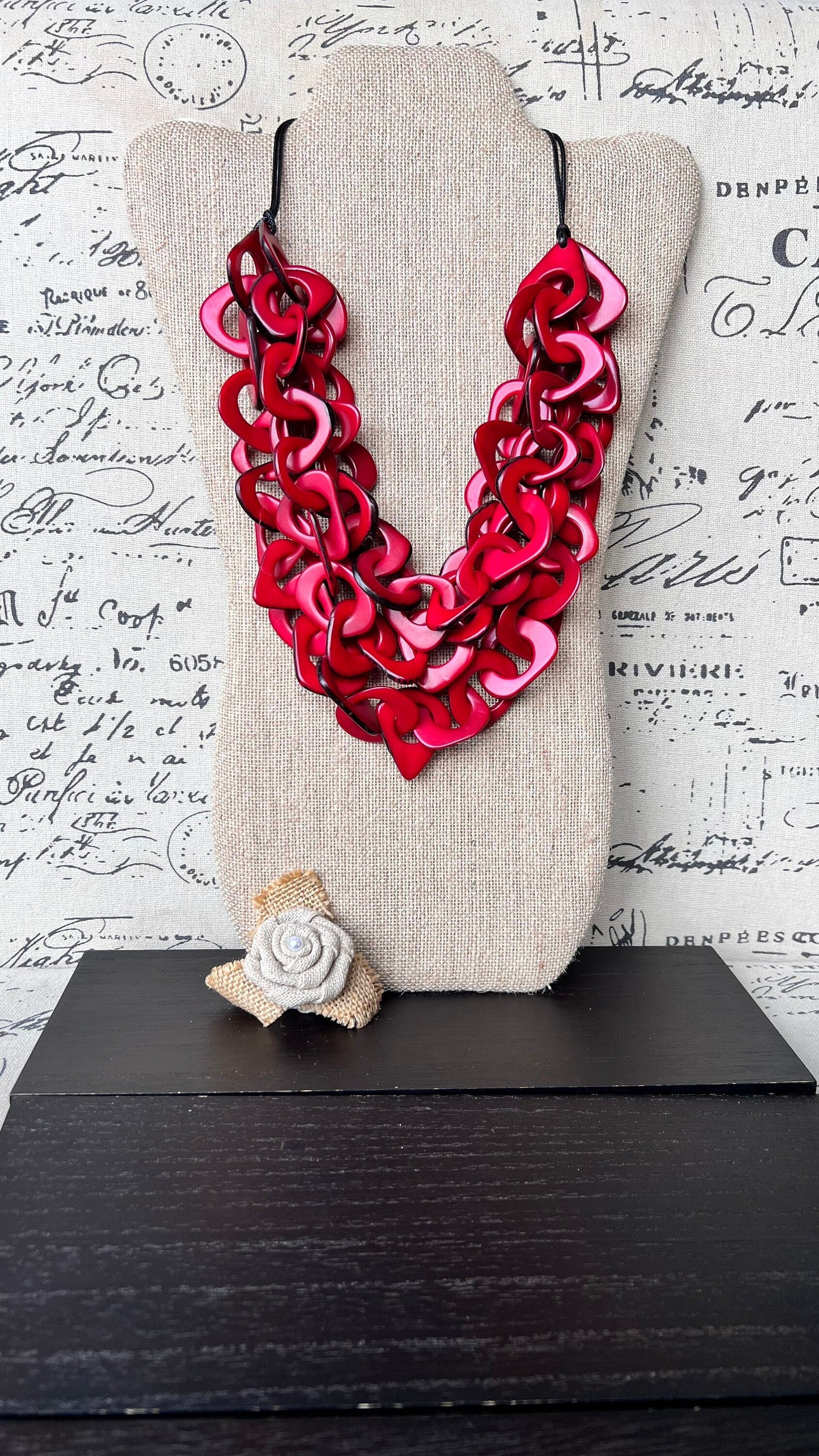 Red statement necklace Mother’s Day gifts Tagua nut jewelry Adjustable collar Big bold chunky necklaces Fall fashion trends For Christmas