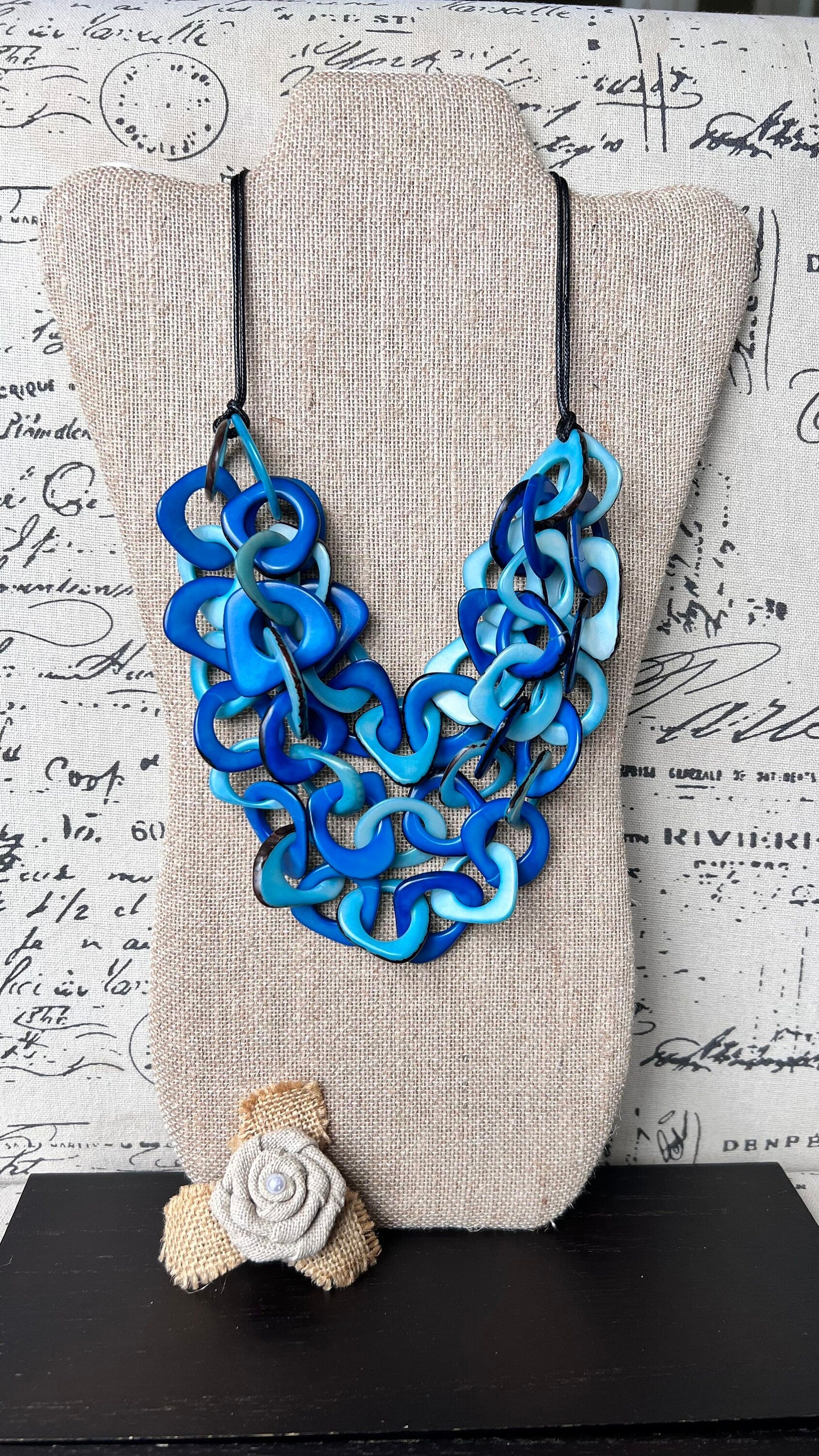 Blue and turquoise statement necklace Tagua jewelry Big bold chunky necklaces Spring fashion trends Mother’s Day gifts Easter outfit