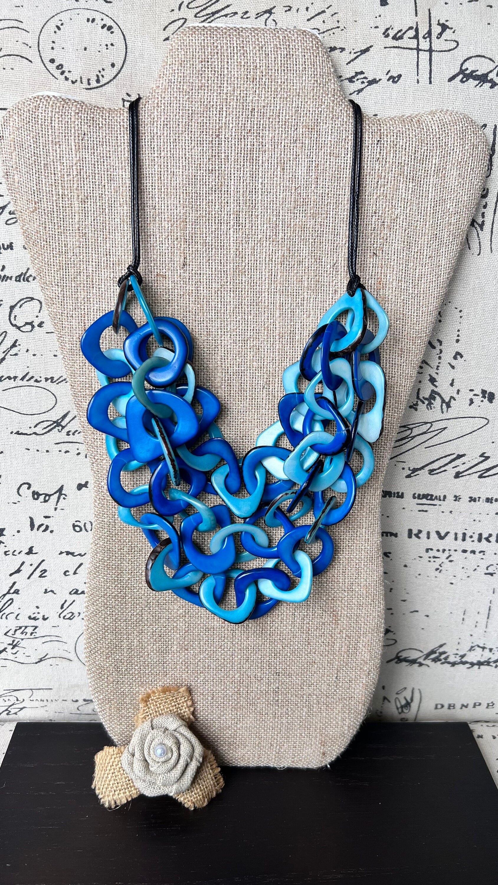 Blue and turquoise statement necklace Tagua jewelry Big bold chunky necklaces Spring fashion trends Mother’s Day gifts Easter outfit