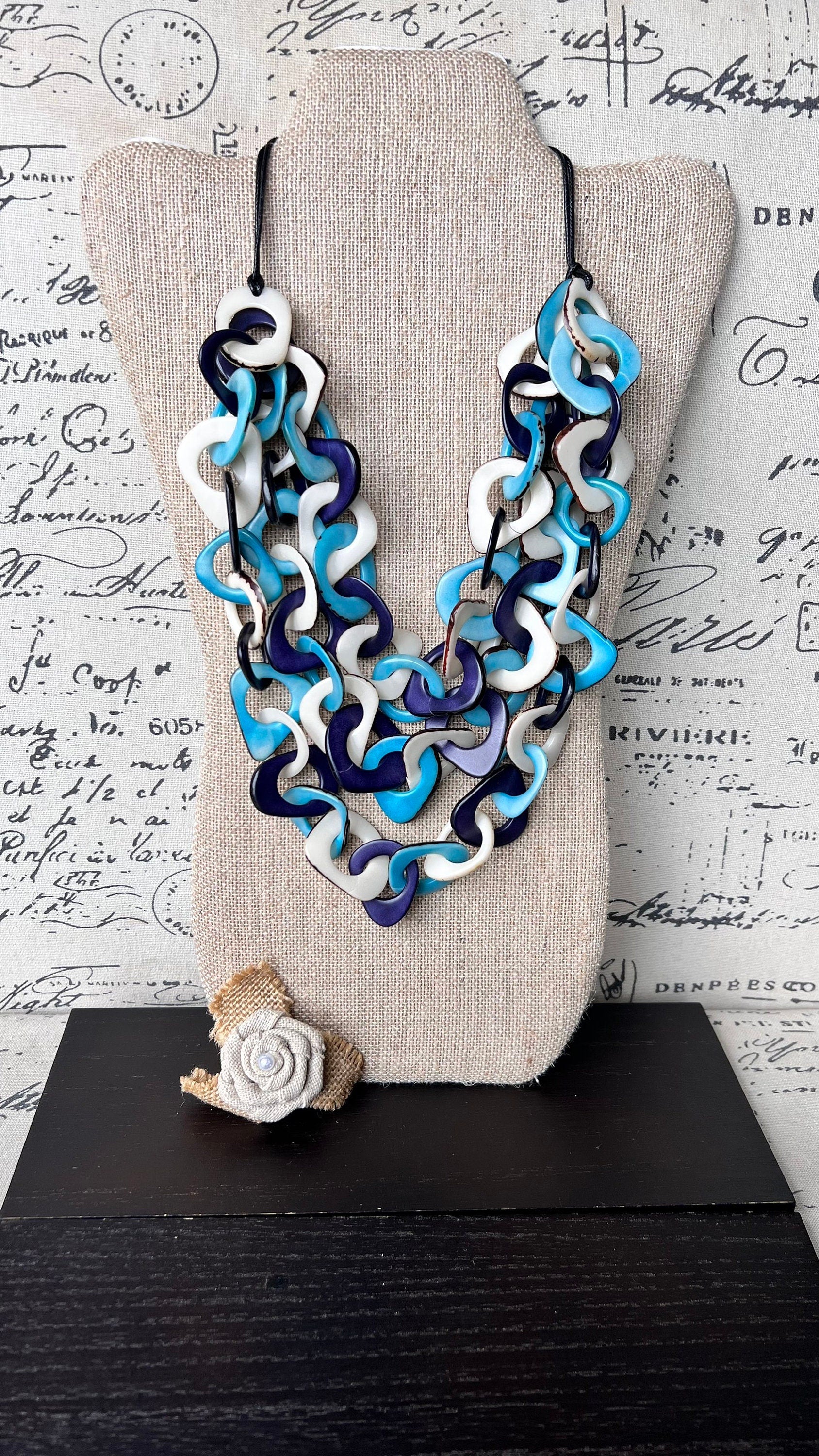 Blue turquoise and white statement necklace Tagua jewelry Big bold chunky necklaces Adjustable collar Fall fashion trends Mother’s day gifts