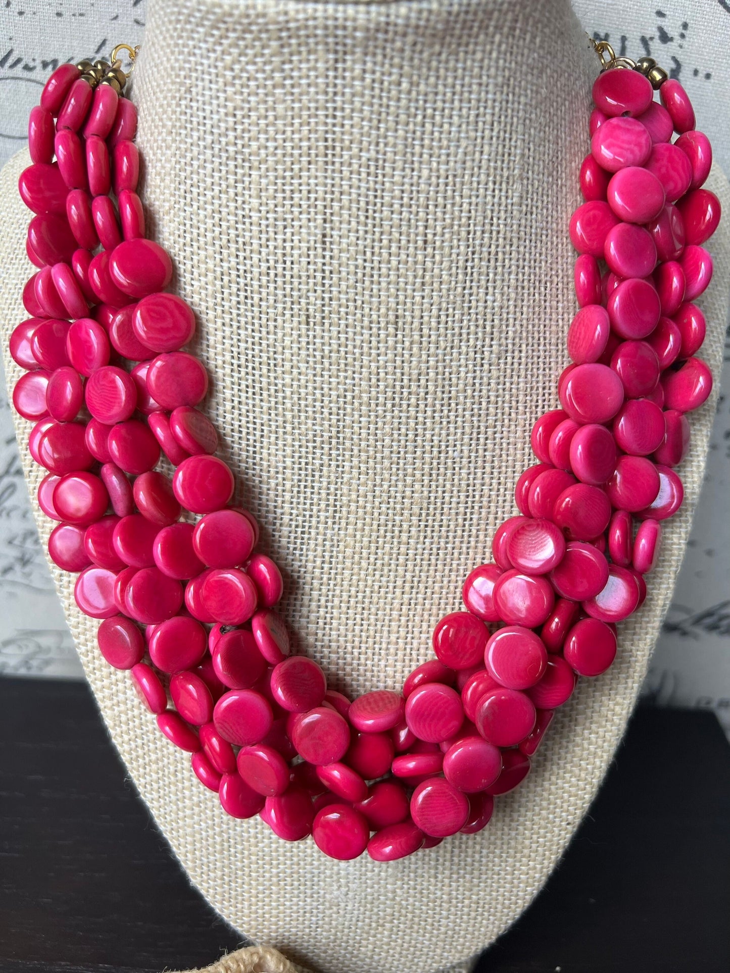 Hot pink necklace Big bold chunky necklace Tagua jewelry Valentine’s Day gifts Spring fashion trends Statement beaded necklace Easter outfit
