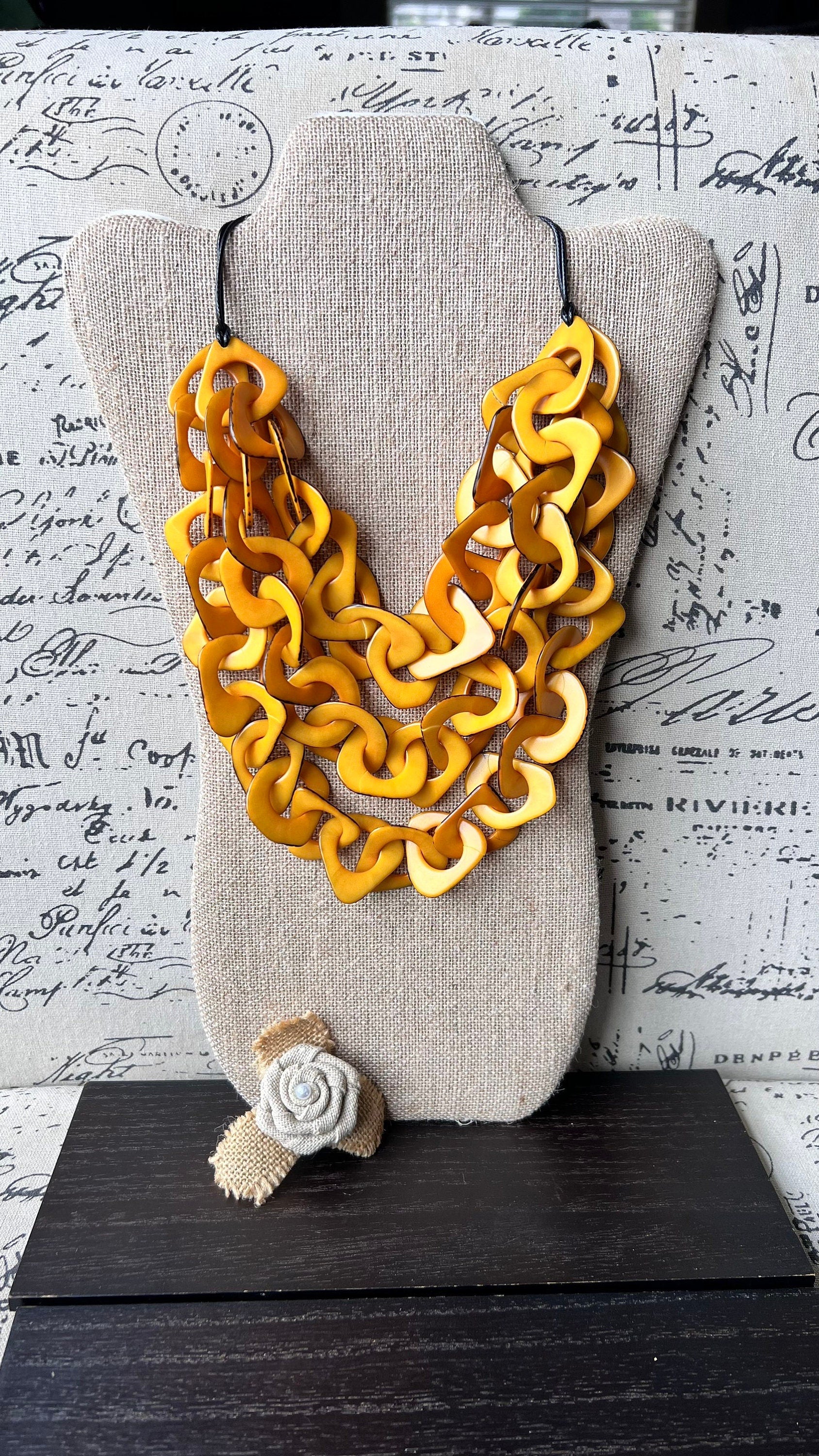 Yellow beaded statement necklace Tagua nut jewelry Adjustable collar Big bold chunky necklace Mother's day gift for wife Beach fashion trend
