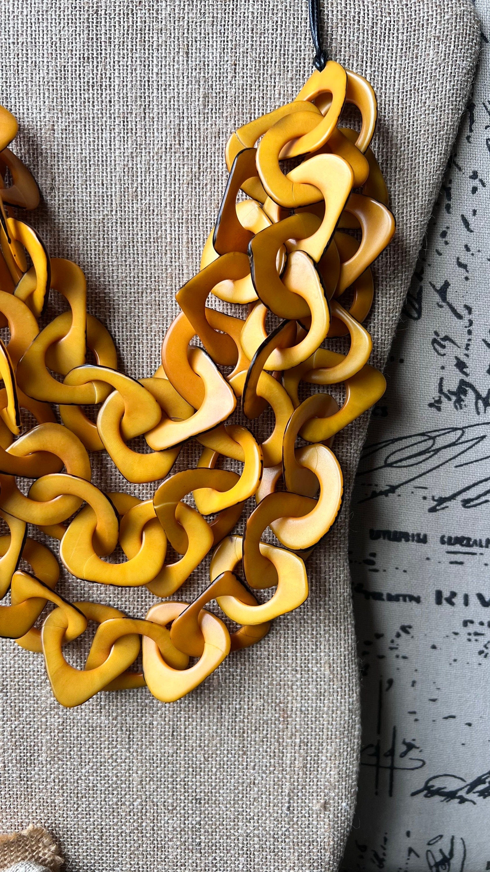 Yellow beaded statement necklace Tagua nut jewelry Adjustable collar Big bold chunky necklace Mother's day gift for wife Beach fashion trend