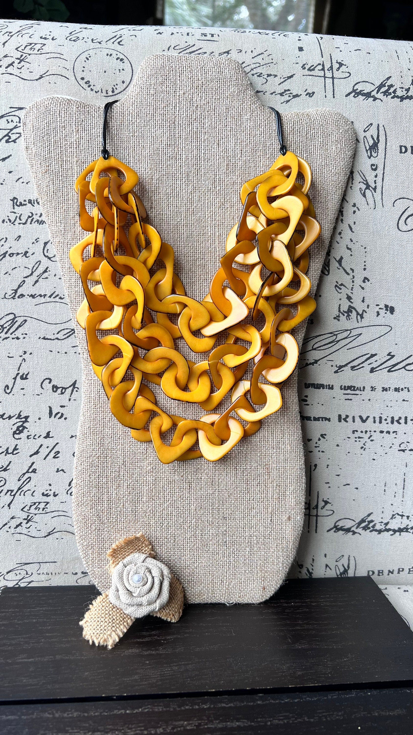 Yellow beaded statement necklace Tagua nut jewelry Adjustable collar Big bold chunky necklace Mother's day gift for wife Beach fashion trend